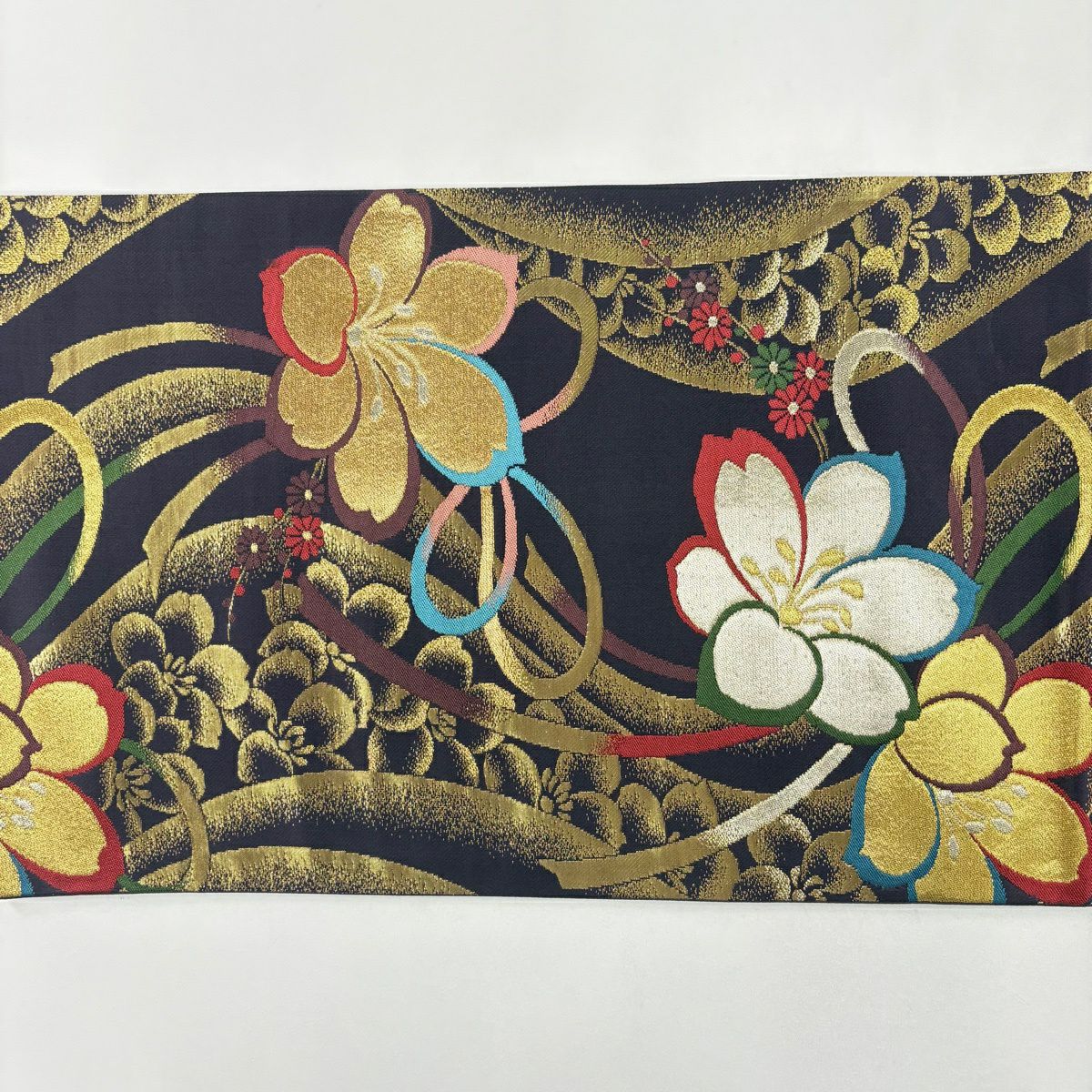 【美品】 袋帶 秀品級 花和風 全通長尺 花 組紐 金銀絲 金金箔 濃紫 六通 純蠶絲