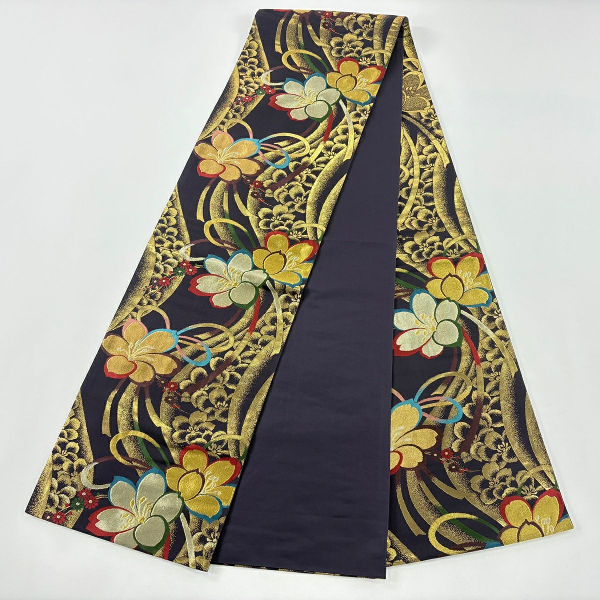 【美品】 袋帶 秀品級 花和風 全通長尺 花 組紐 金銀絲 金金箔 濃紫 六通 純蠶絲