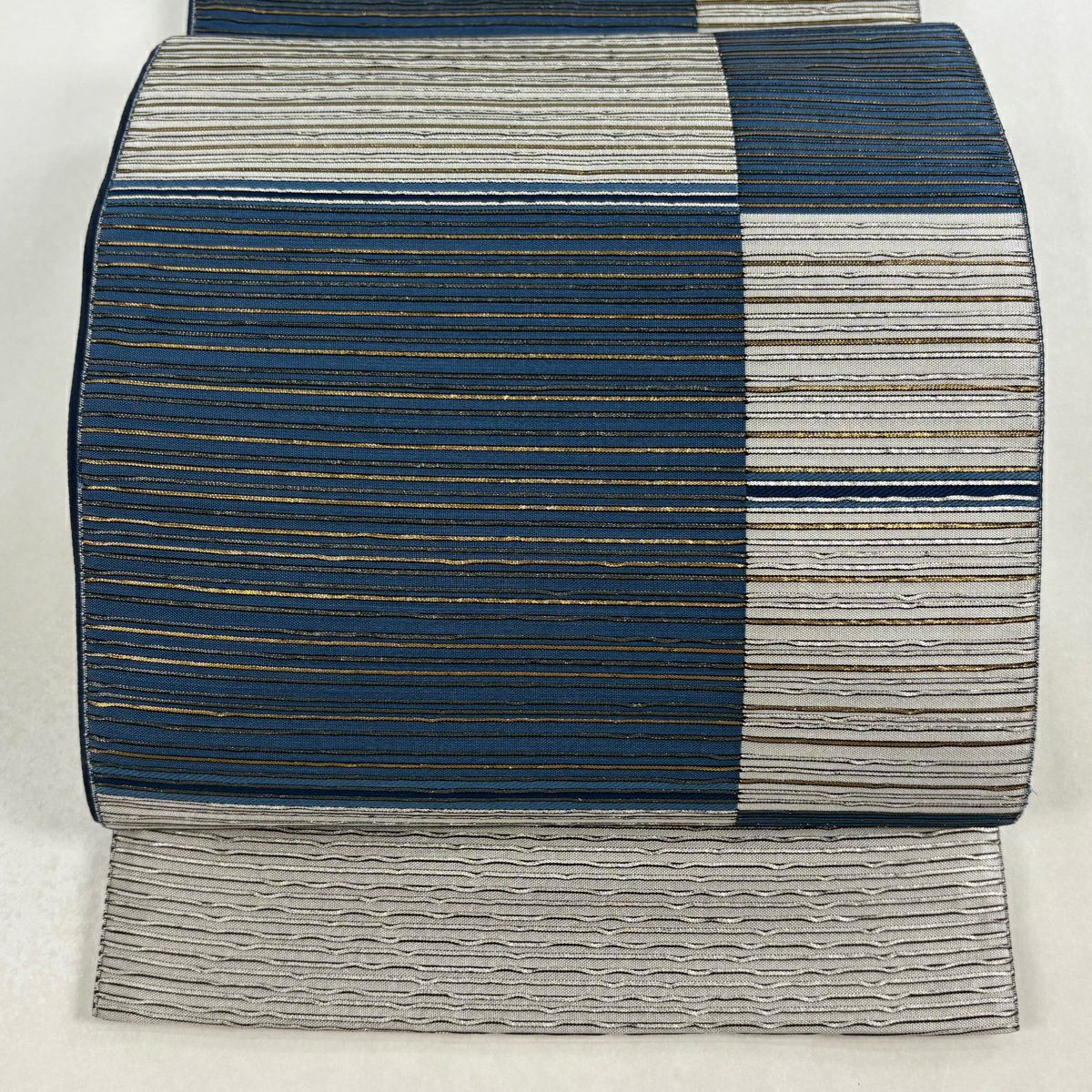 【美品】 袋帶 秀品級 條紋 市松樹 金金箔 灰色 大鼓圖案 純蠶絲