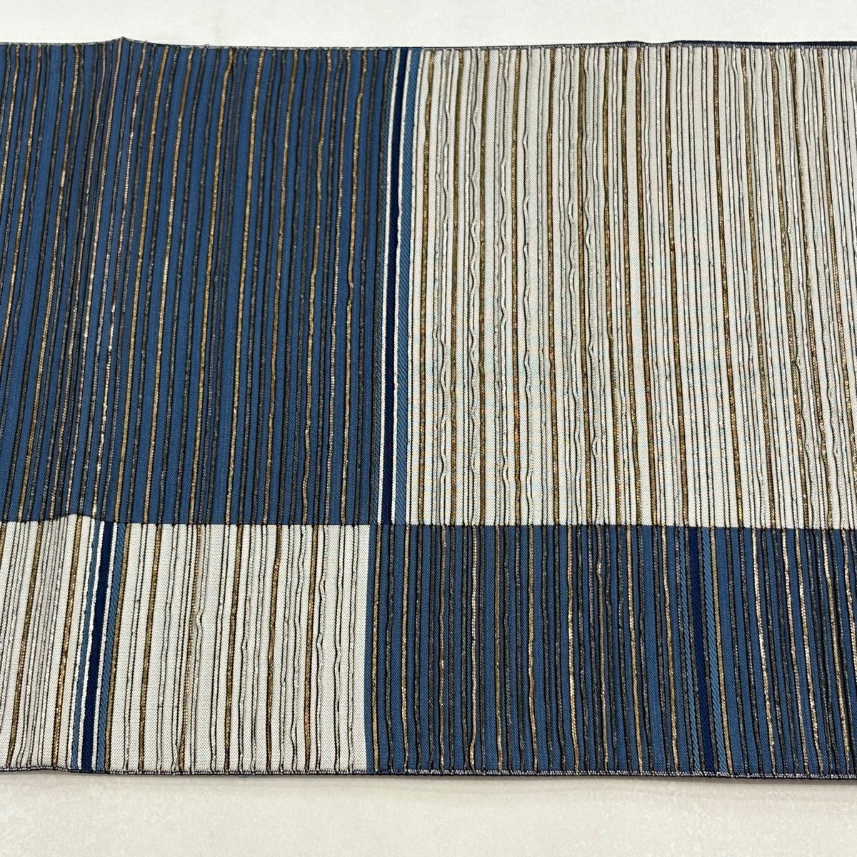 【美品】 袋帶 秀品級 條紋 市松樹 金金箔 灰色 大鼓圖案 純蠶絲