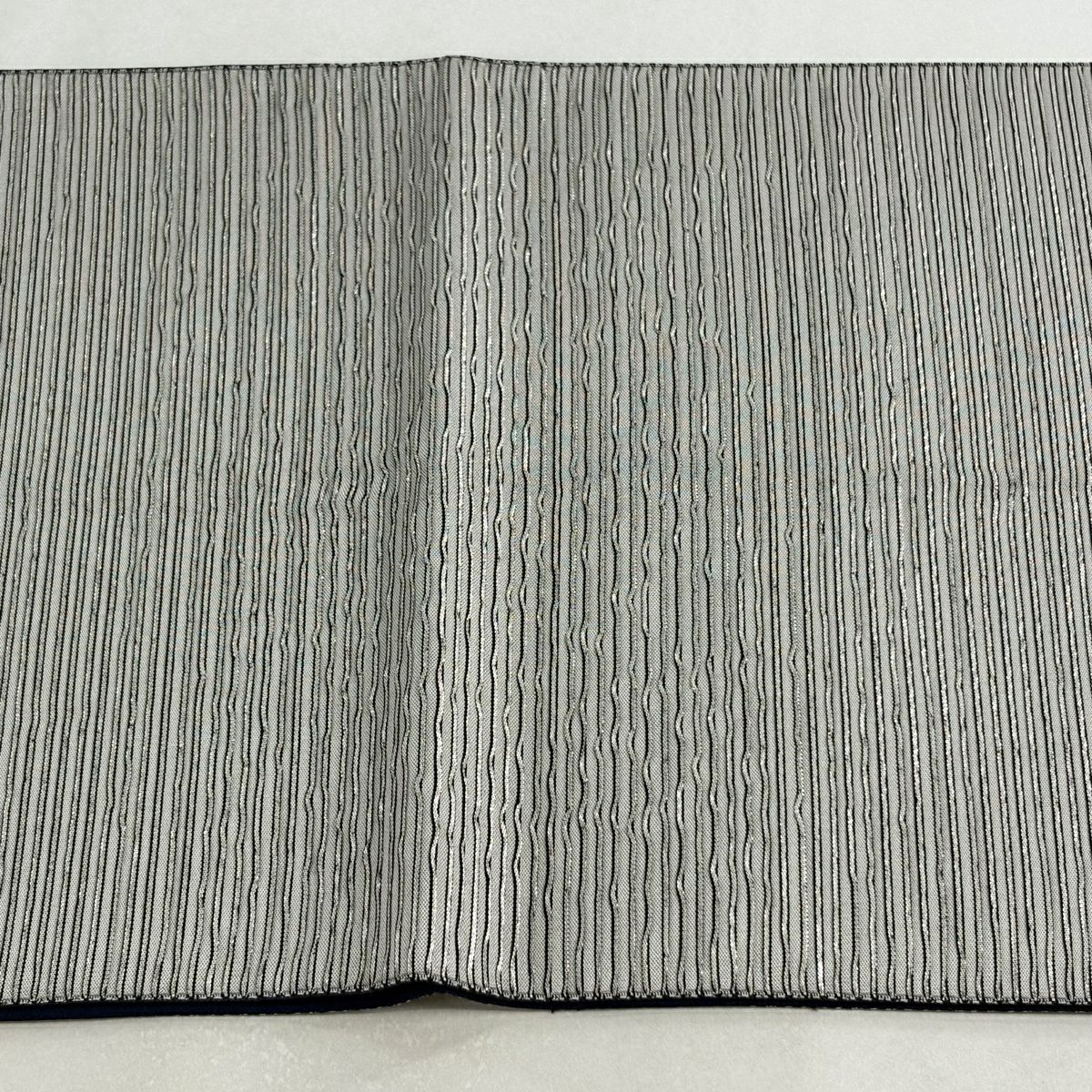 【美品】 袋帶 秀品級 條紋 市松樹 金金箔 灰色 大鼓圖案 純蠶絲