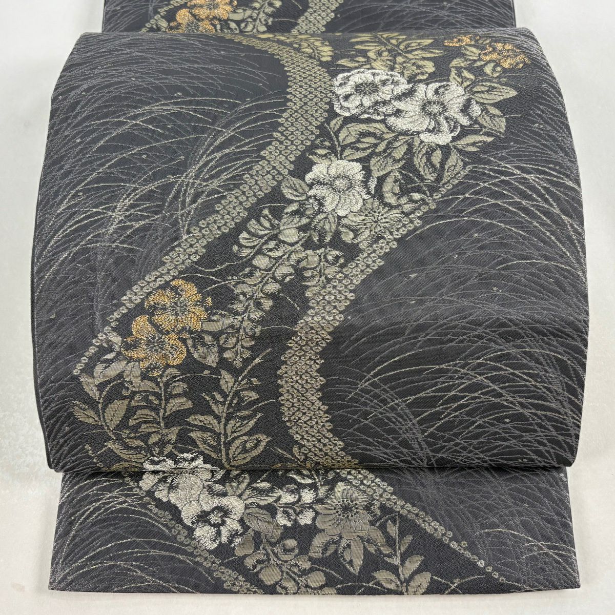 【美品】 袋帶 秀品級 草花紋紋 露芝 金金箔 灰紫 六通 純蠶絲