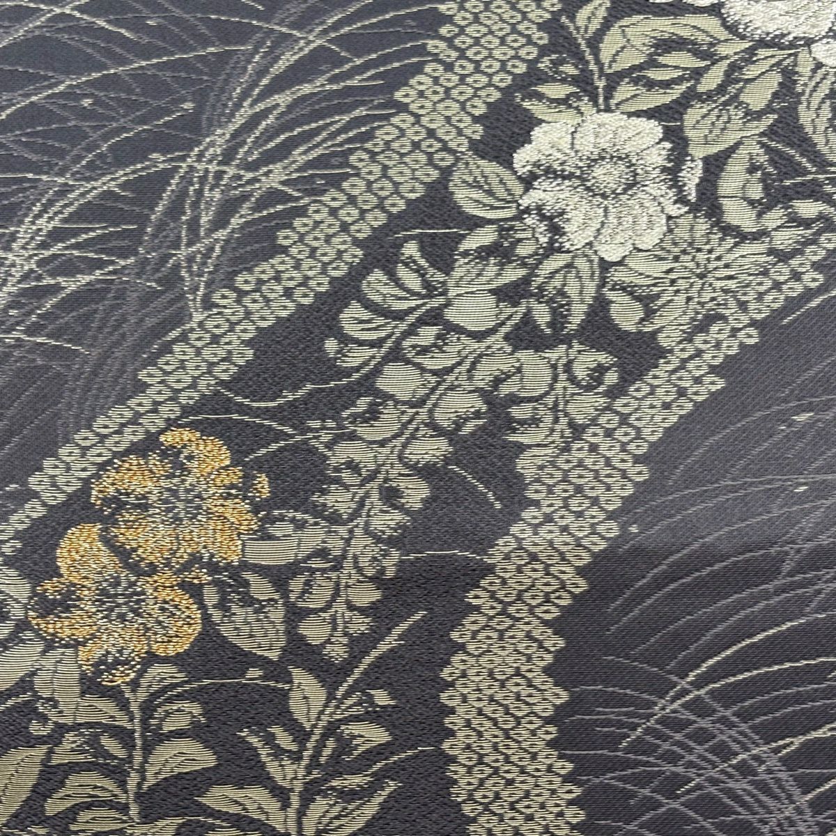 【美品】 袋帶 秀品級 草花紋紋 露芝 金金箔 灰紫 六通 純蠶絲