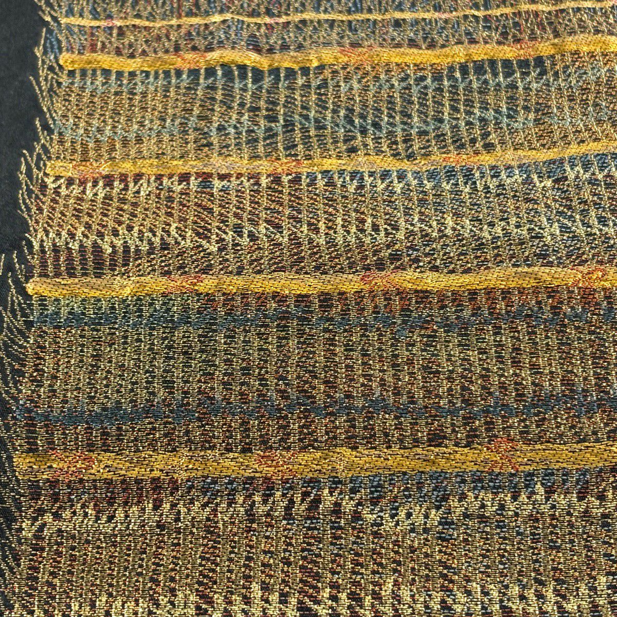 【美品】 袋帶 秀品級 縞 幾何圖案 金絲 金金箔 黑 六通 純蠶絲