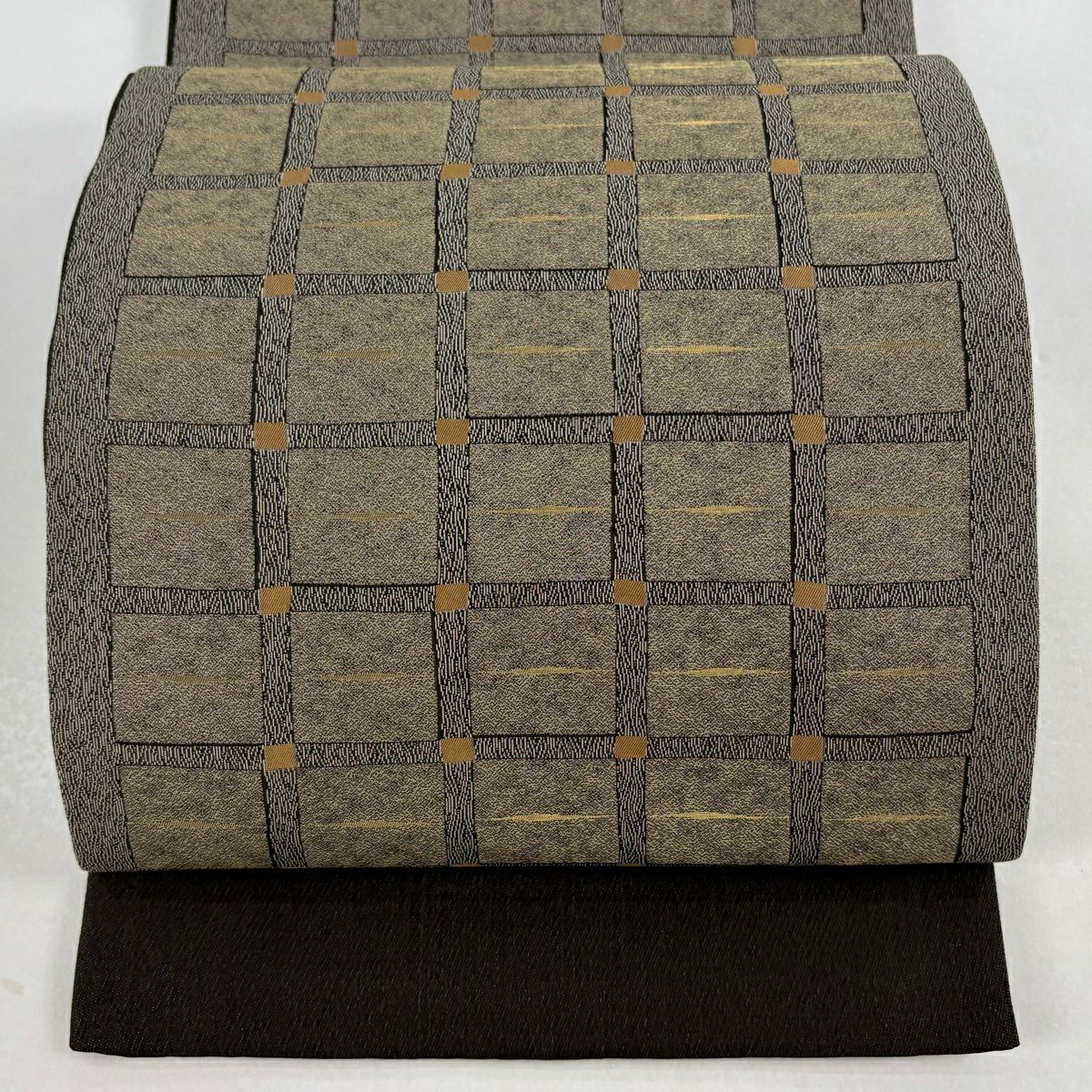 【美品】 袋帶 秀品級 格子 金絲 灰茶 六通 純蠶絲
