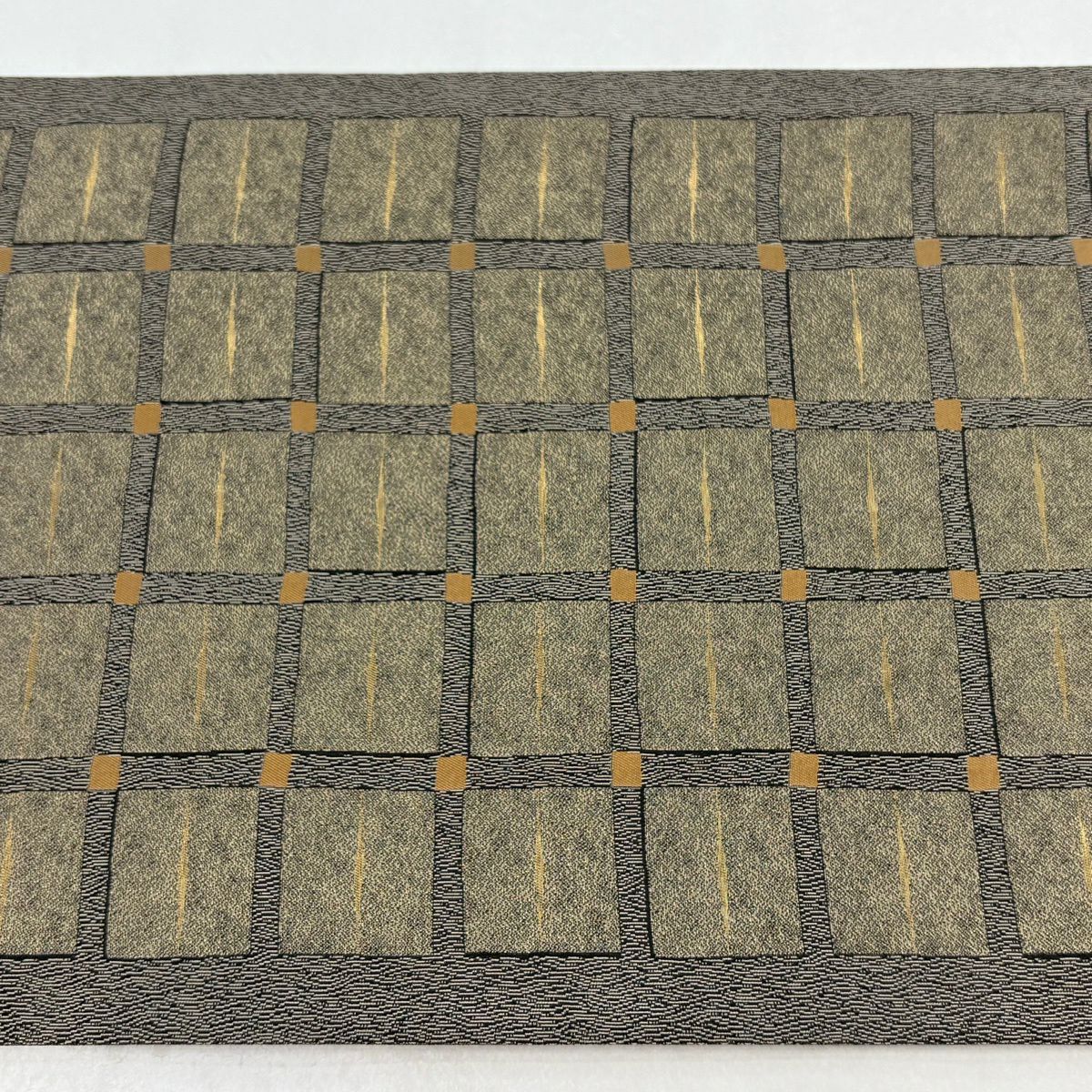 【美品】 袋帶 秀品級 格子 金絲 灰茶 六通 純蠶絲