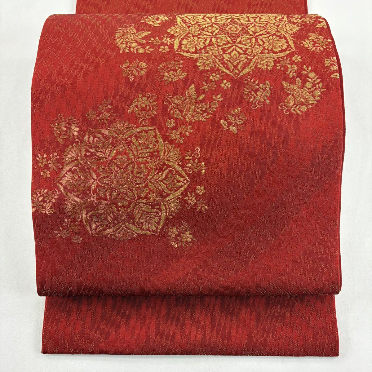 【美品】 袋帶 秀品級 華紋 鳥 金絲 朱紅色 大鼓圖案 純蠶絲