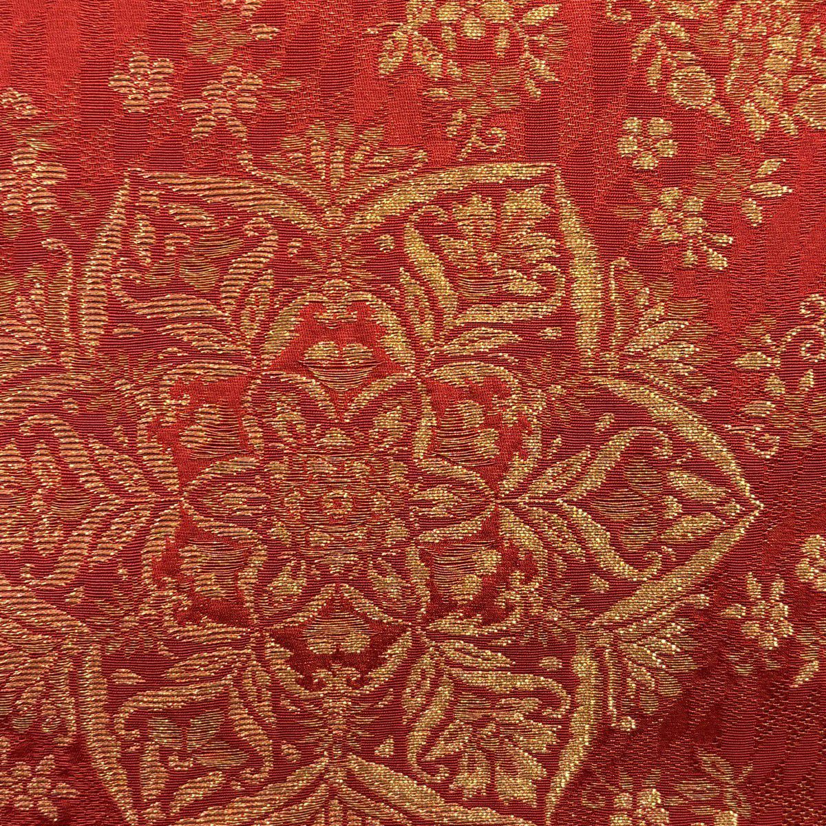 【美品】 袋帶 秀品級 華紋 鳥 金絲 朱紅色 大鼓圖案 純蠶絲