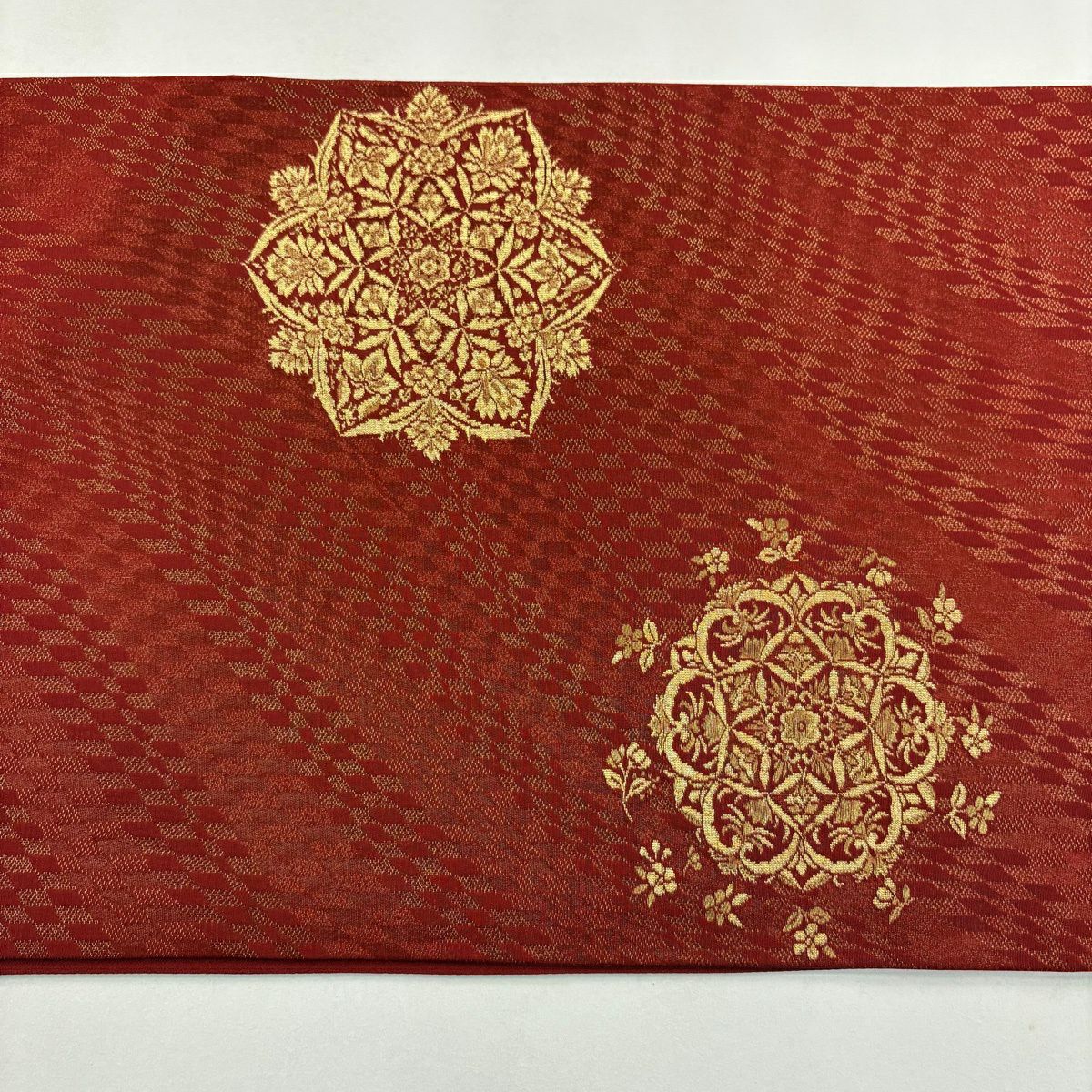 【美品】 袋帶 秀品級 華紋 鳥 金絲 朱紅色 大鼓圖案 純蠶絲