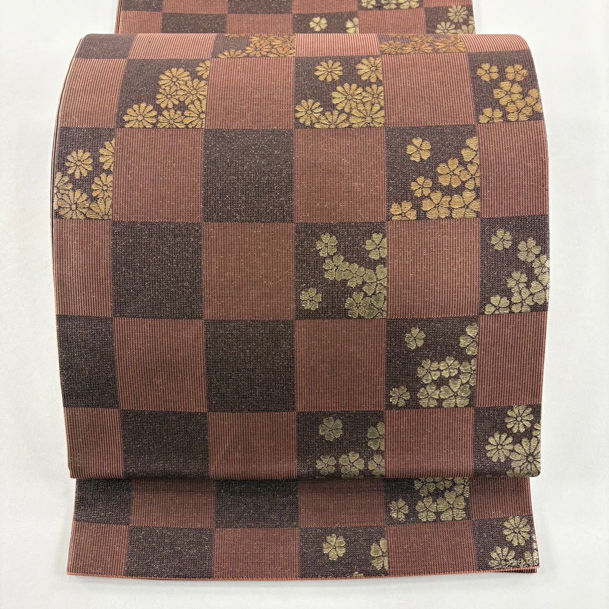 【美品】 袋帶 秀品級 市松樹 花 金金箔 紅紫 六通 純蠶絲