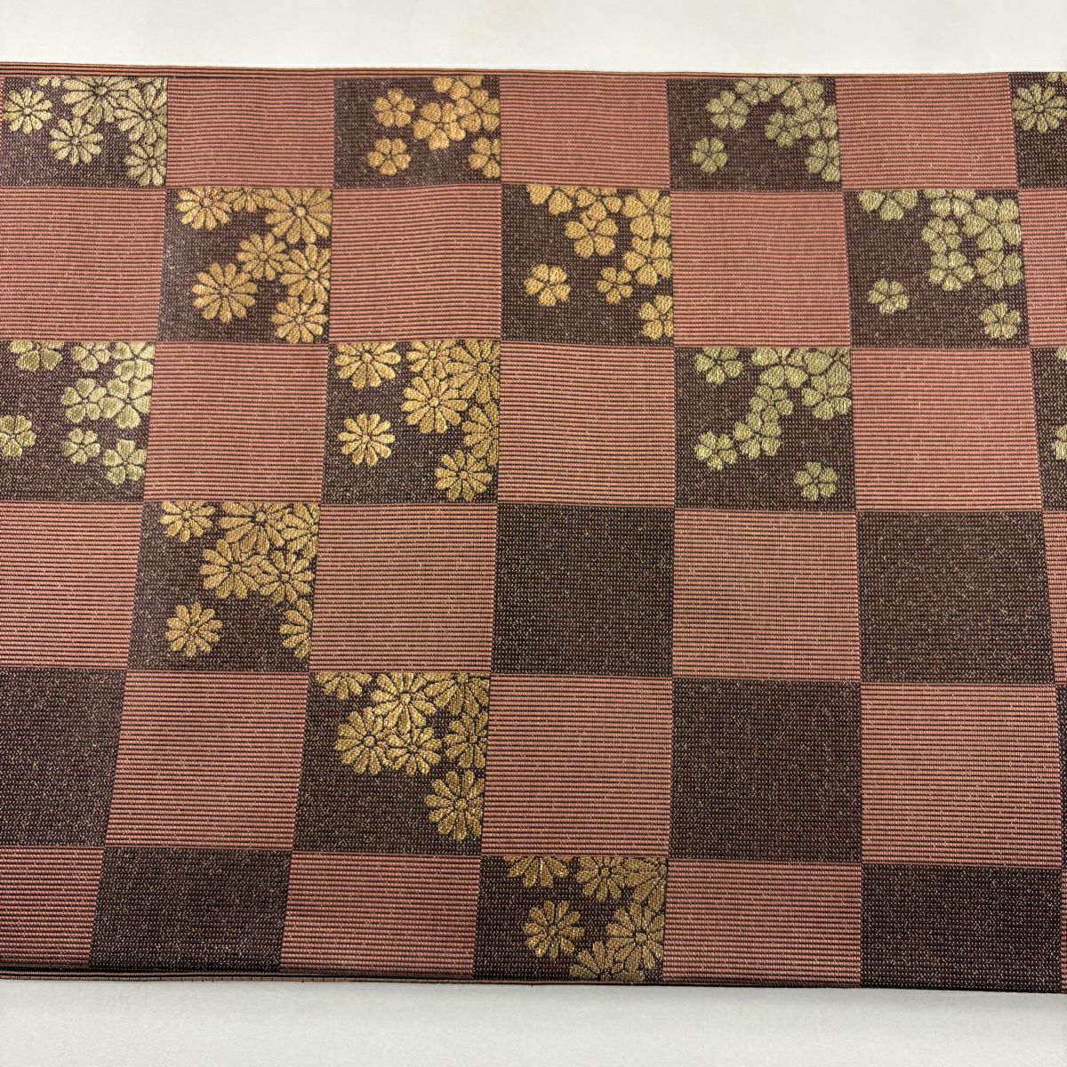【美品】 袋帶 秀品級 市松樹 花 金金箔 紅紫 六通 純蠶絲