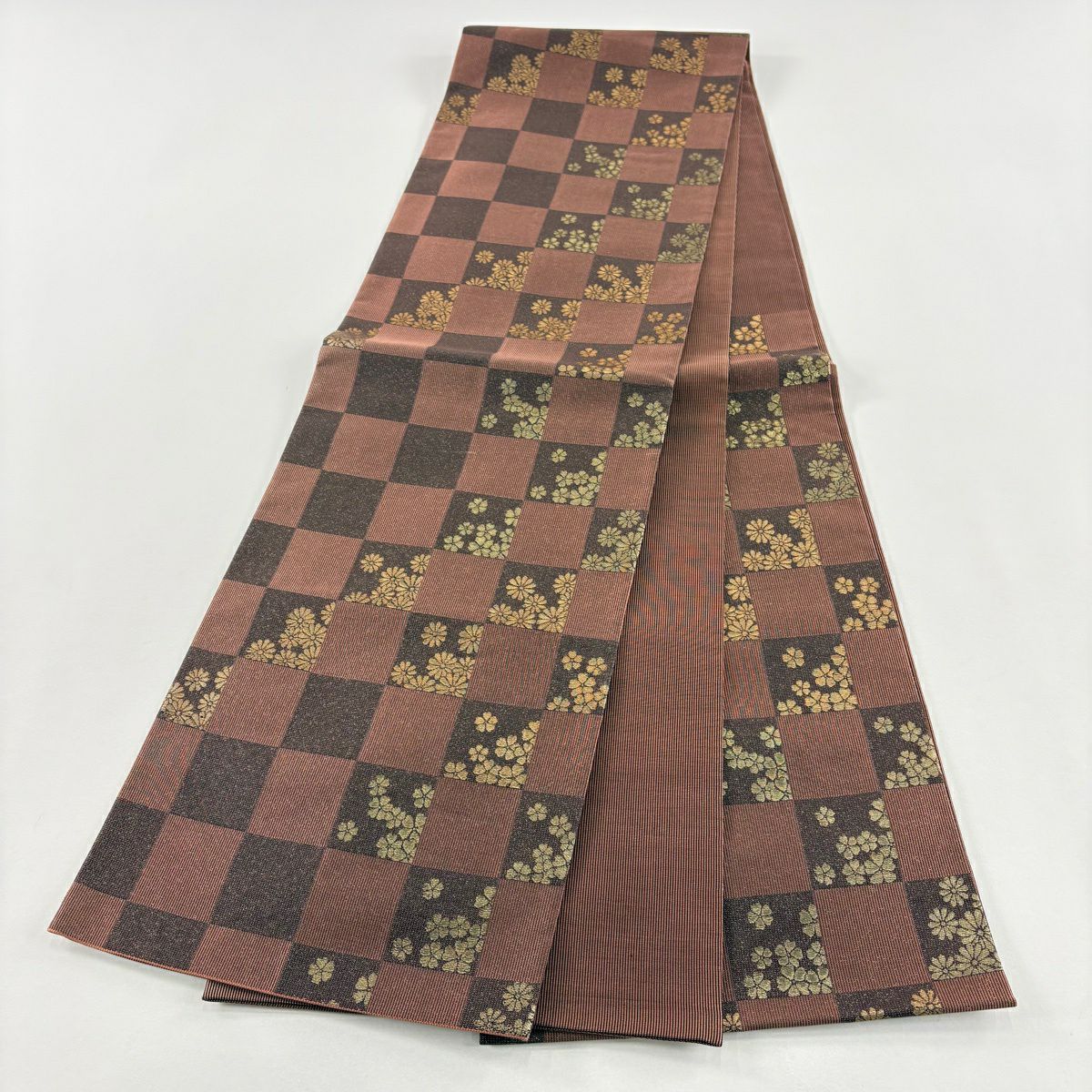 【美品】 袋帶 秀品級 市松樹 花 金金箔 紅紫 六通 純蠶絲