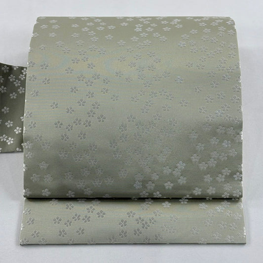 【美品】名古屋帶 秀品級 花 金彩裝飾 淺綠 純蠶絲