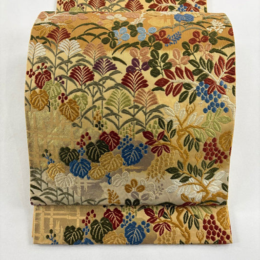 袋帶 秀品級 草花紋 葉與實 唐織 金金箔 茶 六通 純蠶絲