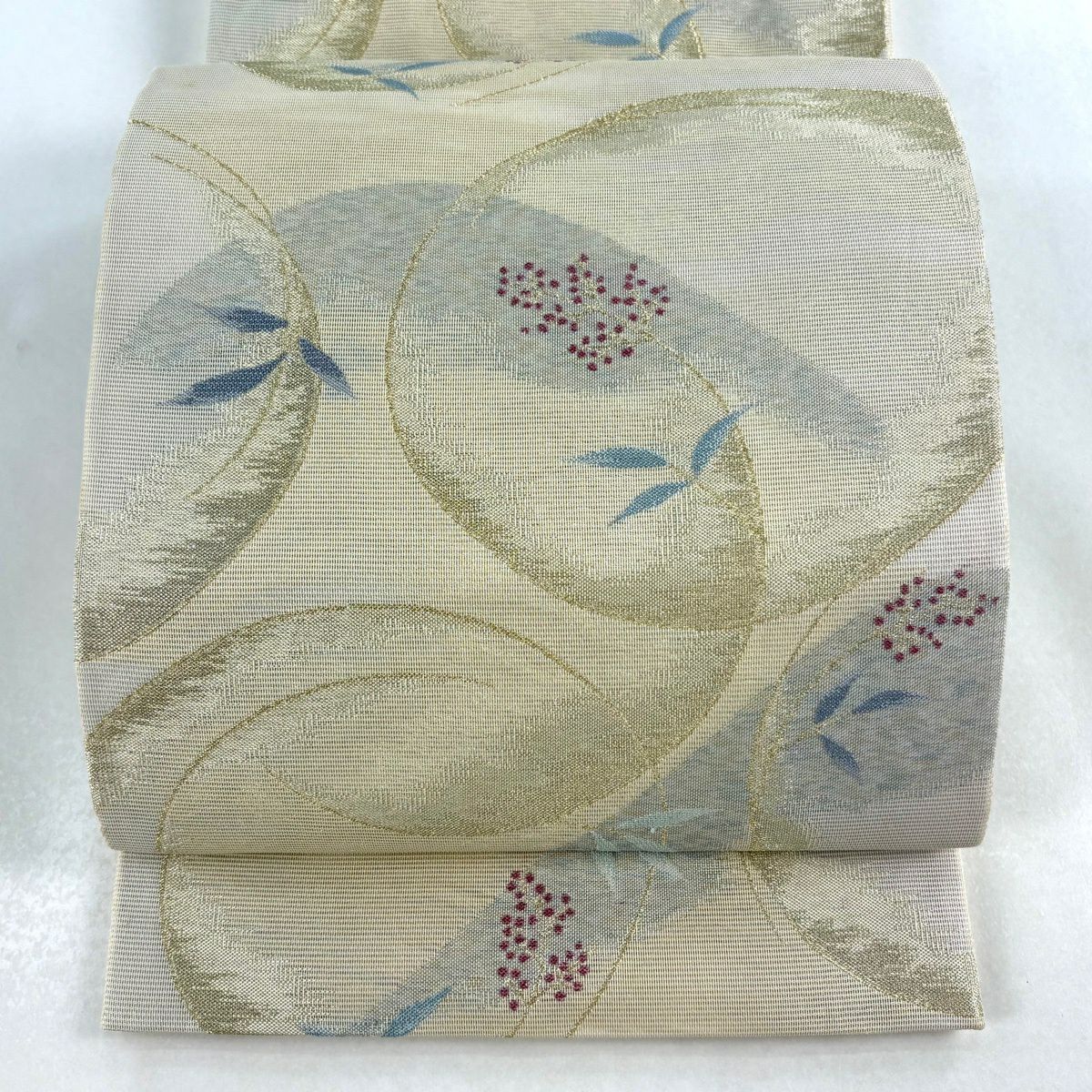 【美品】 袋帶 秀品級 夏帶 紗 草花紋 圓文 金絲 米色 六通 純蠶絲