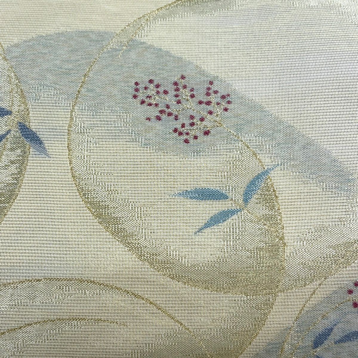 【美品】 袋帶 秀品級 夏帶 紗 草花紋 圓文 金絲 米色 六通 純蠶絲