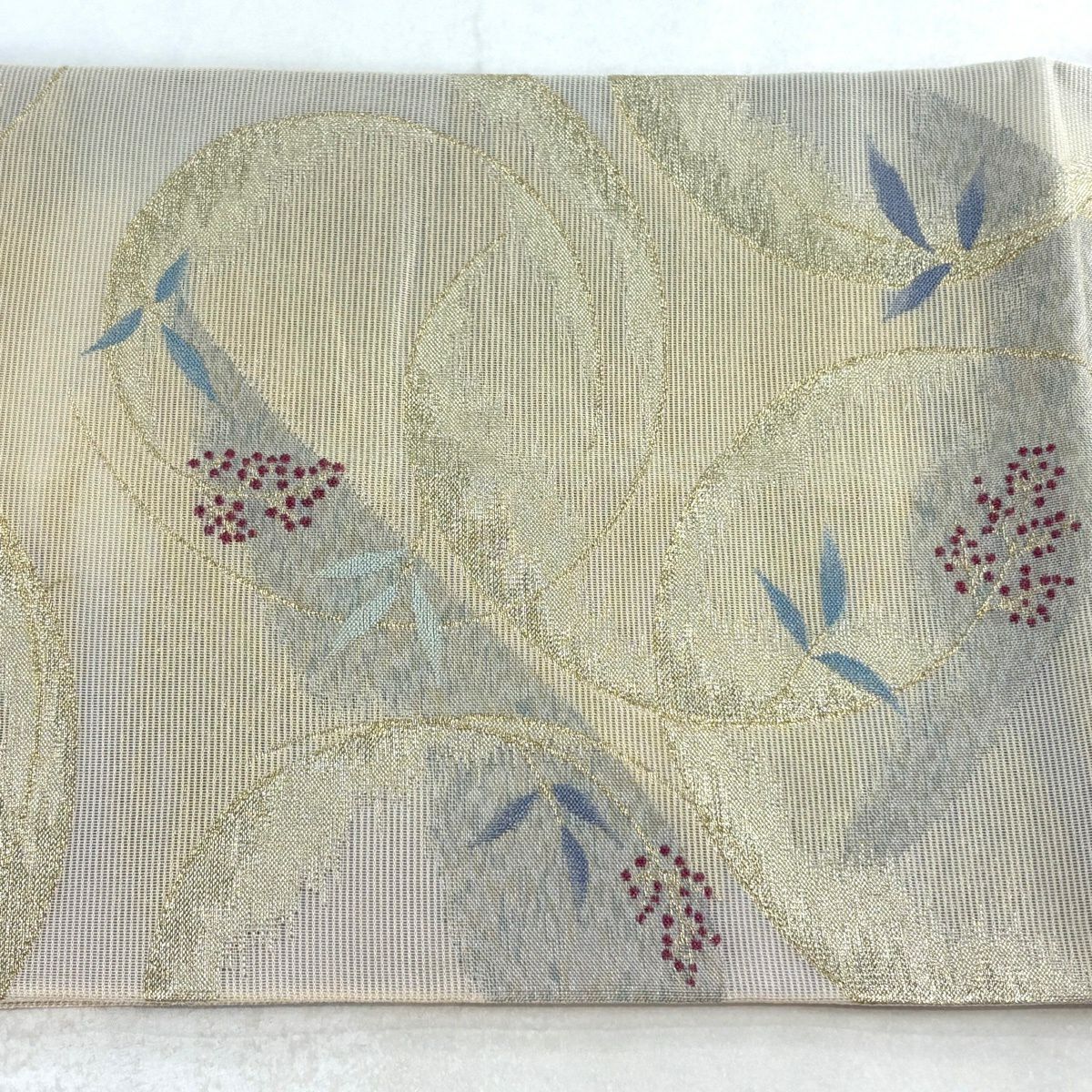 【美品】 袋帶 秀品級 夏帶 紗 草花紋 圓文 金絲 米色 六通 純蠶絲
