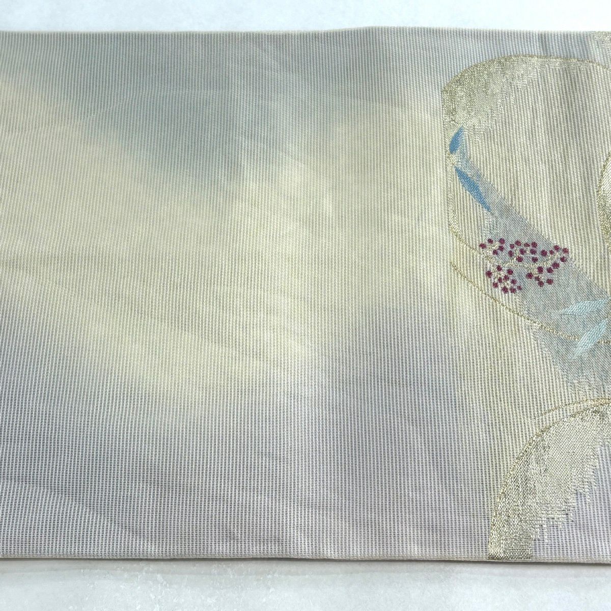 【美品】 袋帶 秀品級 夏帶 紗 草花紋 圓文 金絲 米色 六通 純蠶絲