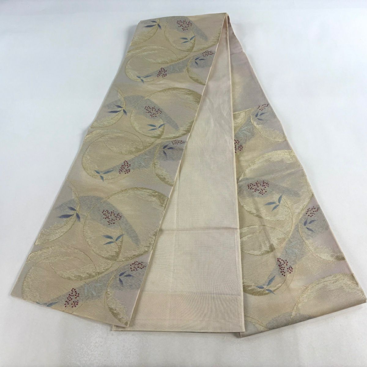 【美品】 袋帶 秀品級 夏帶 紗 草花紋 圓文 金絲 米色 六通 純蠶絲