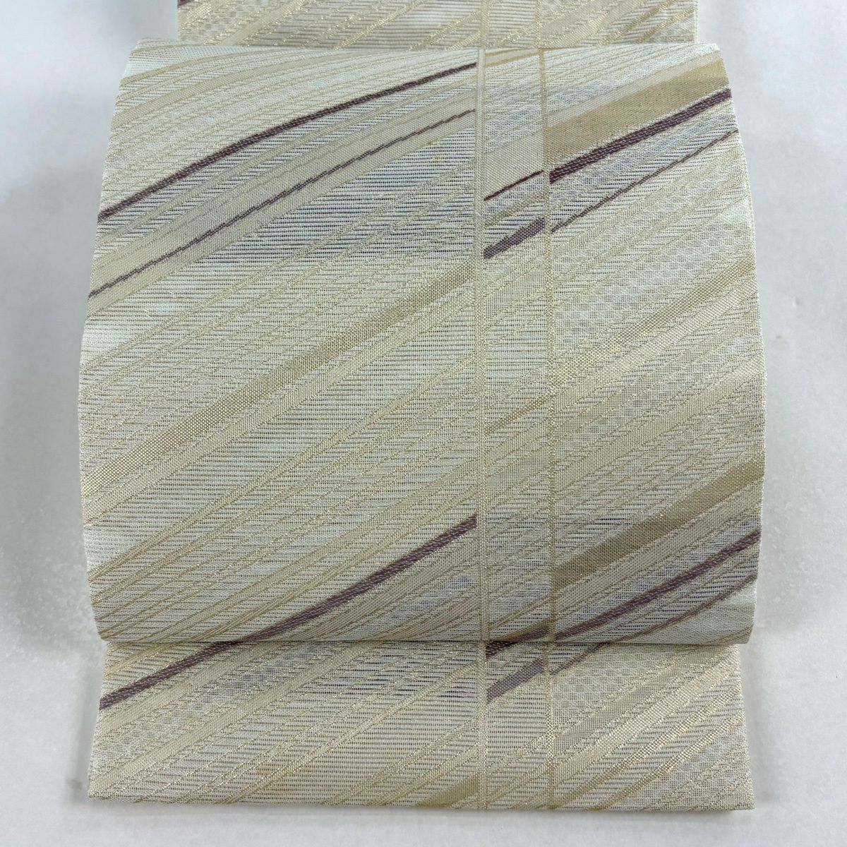 袋帶 秀品級 夏帶 絽 縞 斜縞 金金箔 米色 六通 純蠶絲
