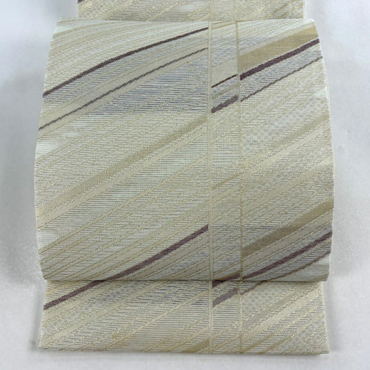 袋帶 秀品級 夏帶 絽 縞 斜縞 金金箔 米色 六通 純蠶絲