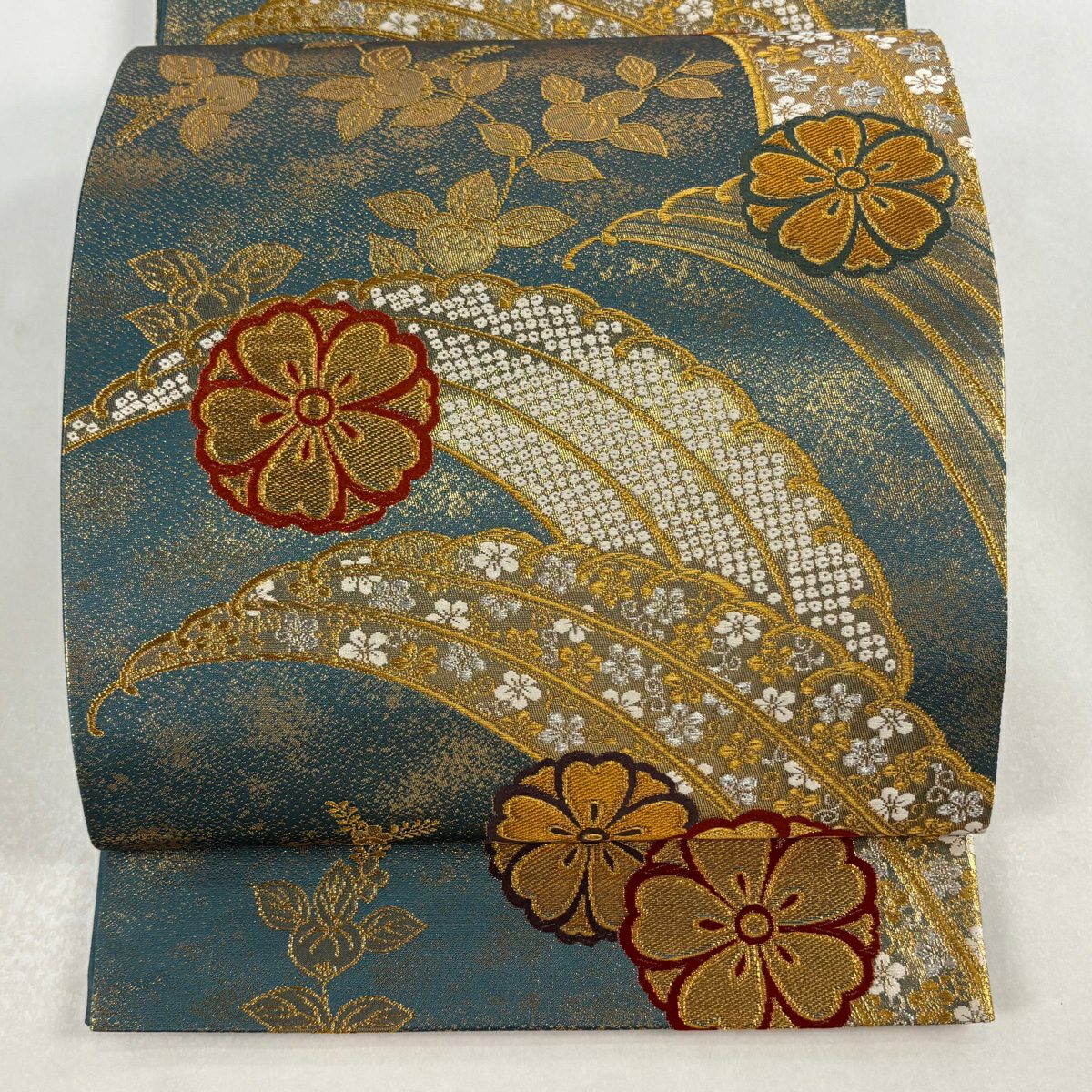 【美品】 袋帶 秀品級 樱花 梅花唐草紋 金銀線 金金箔 青綠 六通 純蠶絲