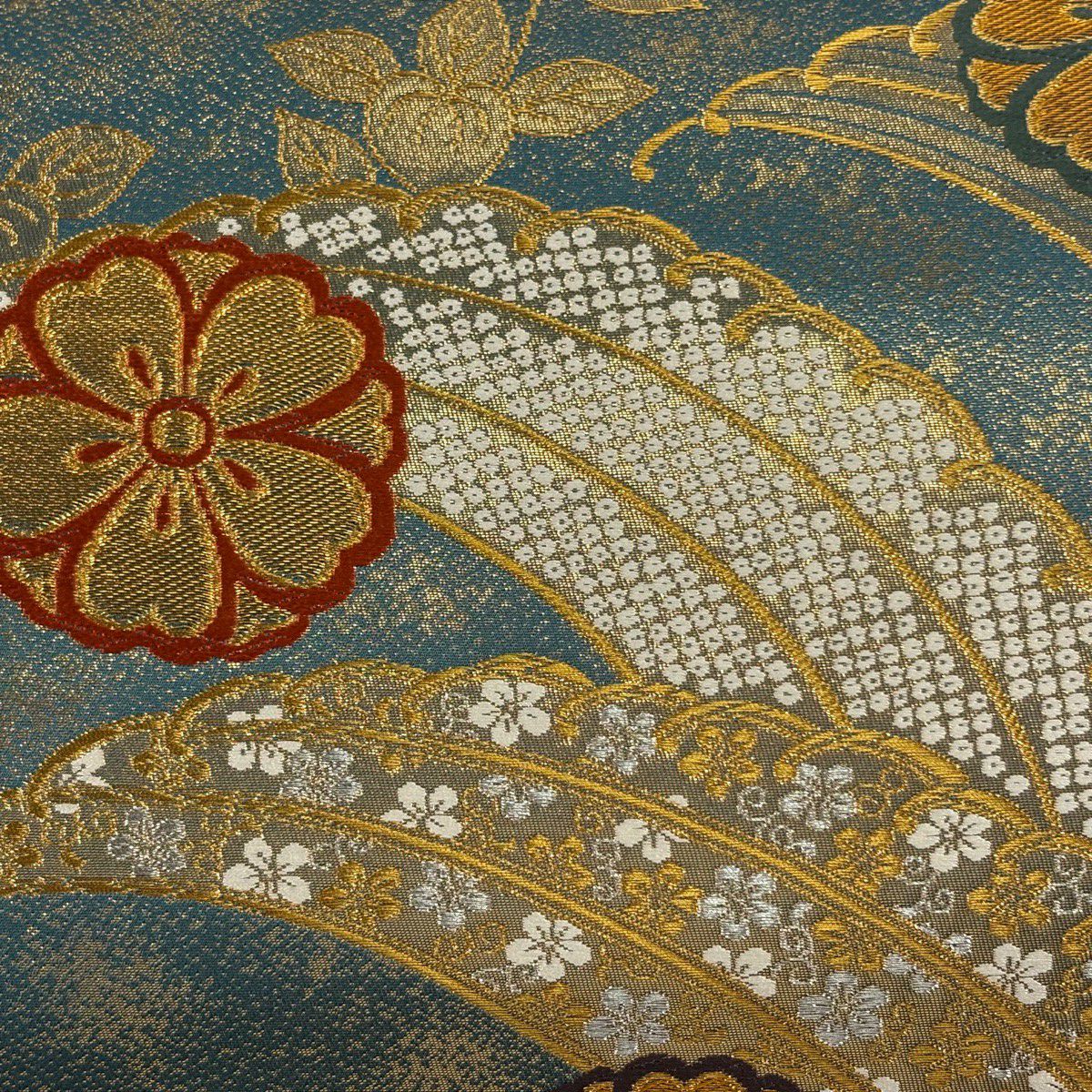 【美品】 袋帶 秀品級 樱花 梅花唐草紋 金銀線 金金箔 青綠 六通 純蠶絲