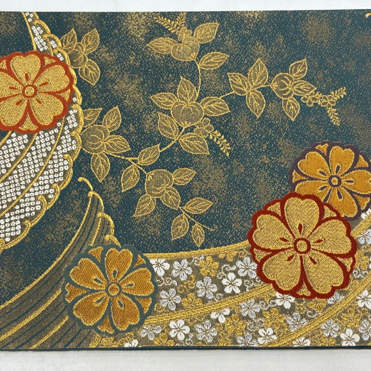 【美品】 袋帶 秀品級 樱花 梅花唐草紋 金銀線 金金箔 青綠 六通 純蠶絲