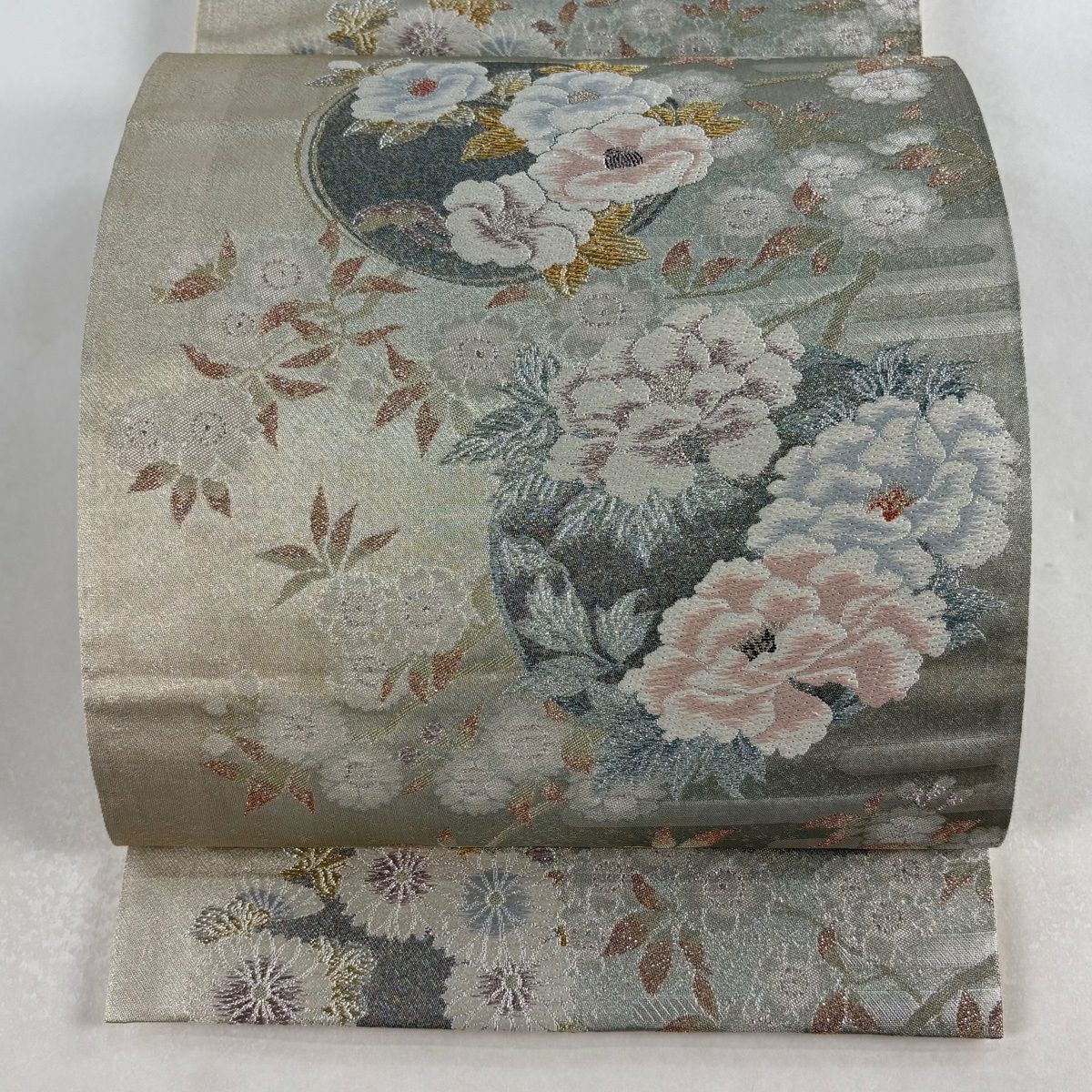 【美品】 袋帶 秀品級 花丸紋 ヱ霞 金銀彩 金金箔 灰綠 六通 純蠶絲