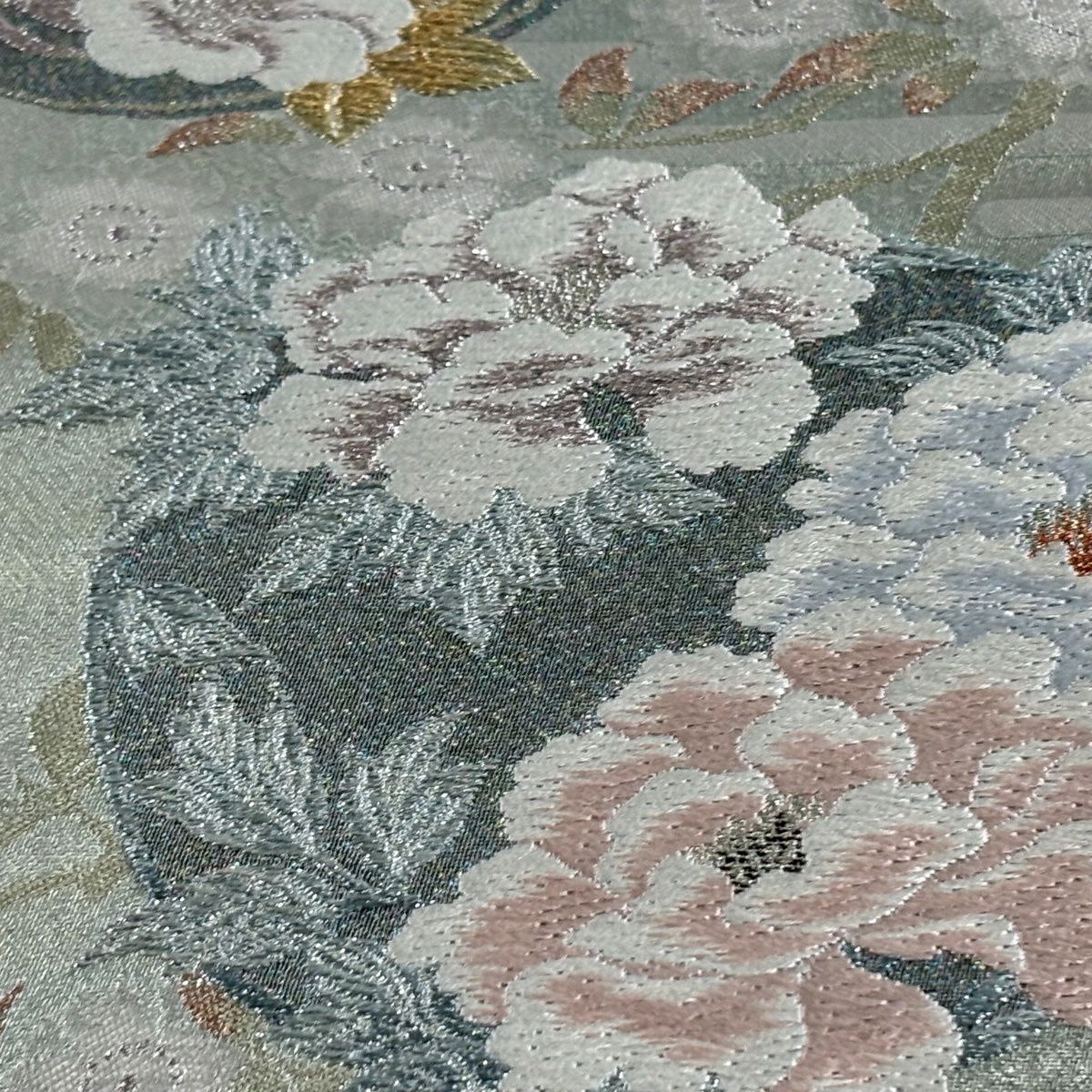 【美品】 袋帶 秀品級 花丸紋 ヱ霞 金銀彩 金金箔 灰綠 六通 純蠶絲