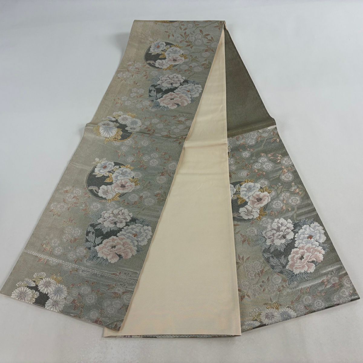 【美品】 袋帶 秀品級 花丸紋 ヱ霞 金銀彩 金金箔 灰綠 六通 純蠶絲