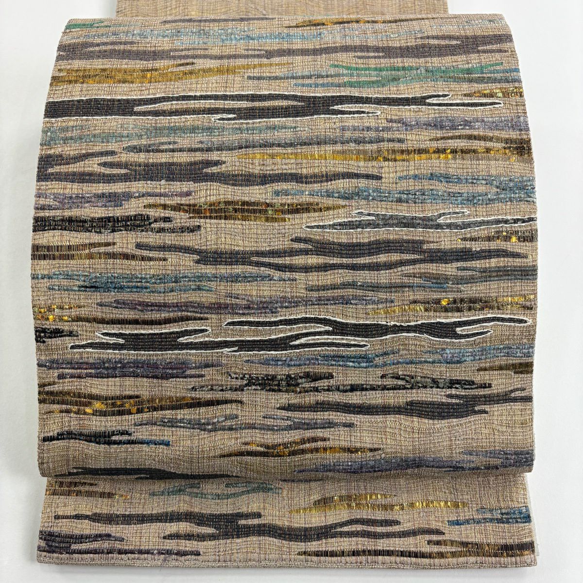 【美品】 袋帶 秀品級 霞 金金箔 金絲 灰茶 お太鼓圖案 純蠶絲
