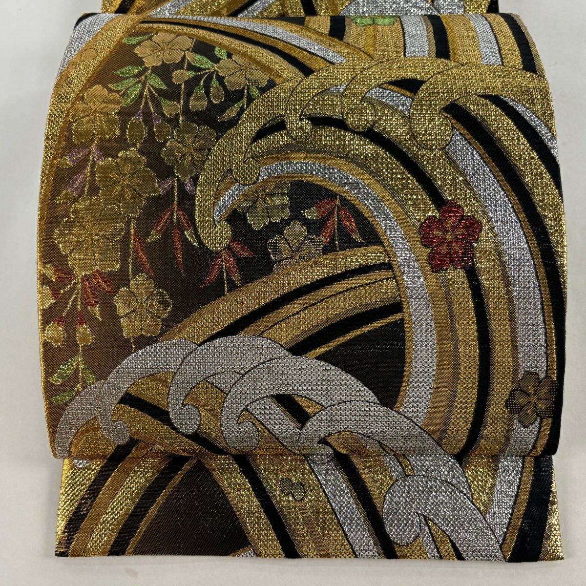 袋帶 秀品級 波頭 櫻 金金箔 金絲 黑 六通 純蠶絲