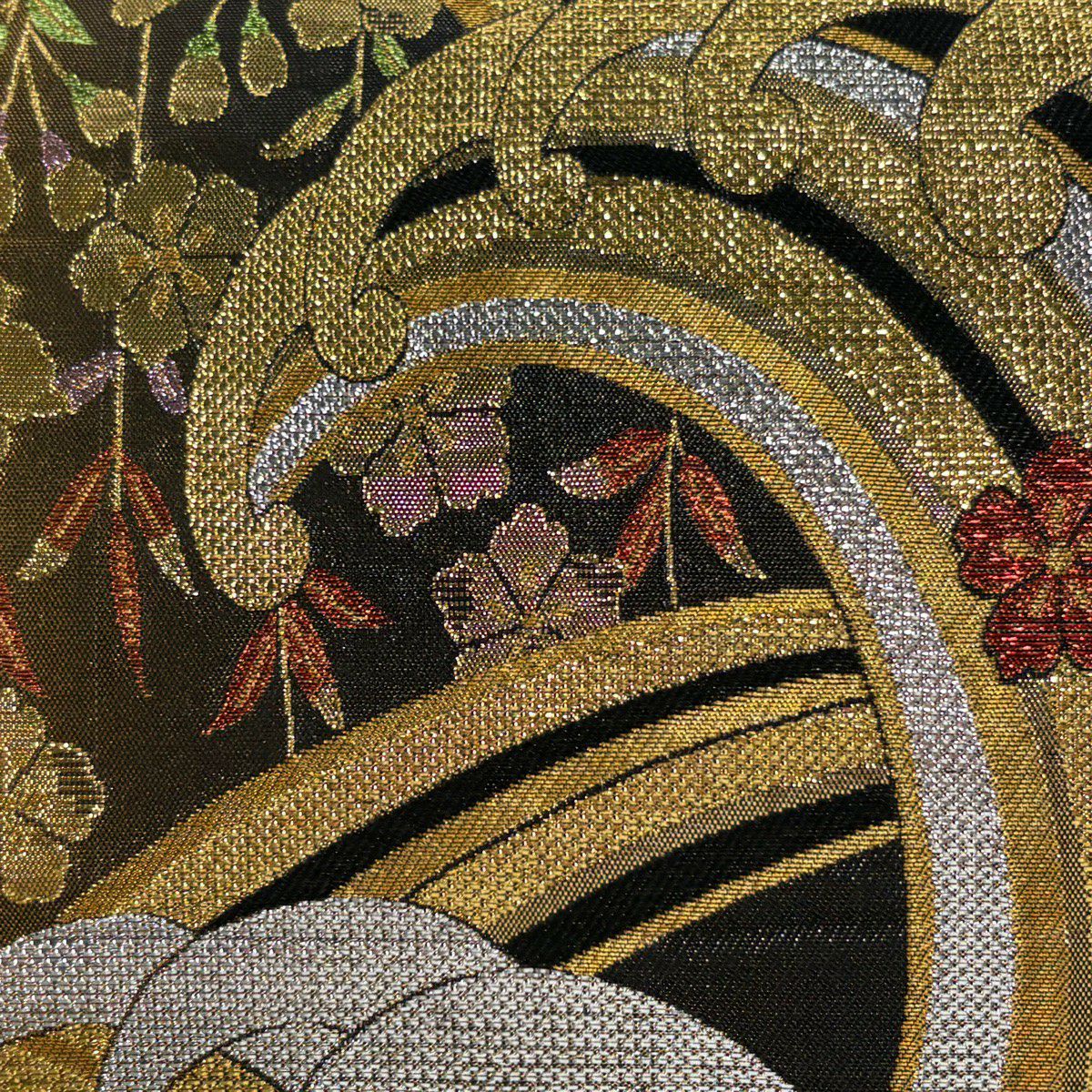 袋帶 秀品級 波頭 櫻 金金箔 金絲 黑 六通 純蠶絲