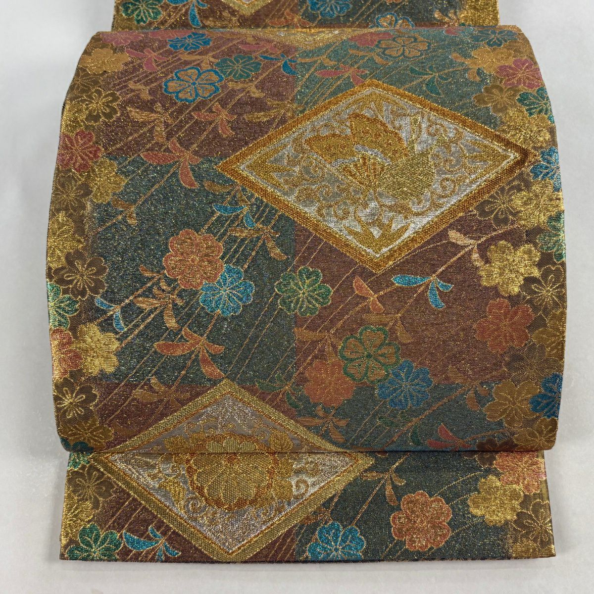 【美品】 袋帶 秀品級 菱紋 櫻花 金絲 金金箔 金色 六通 純蠶絲