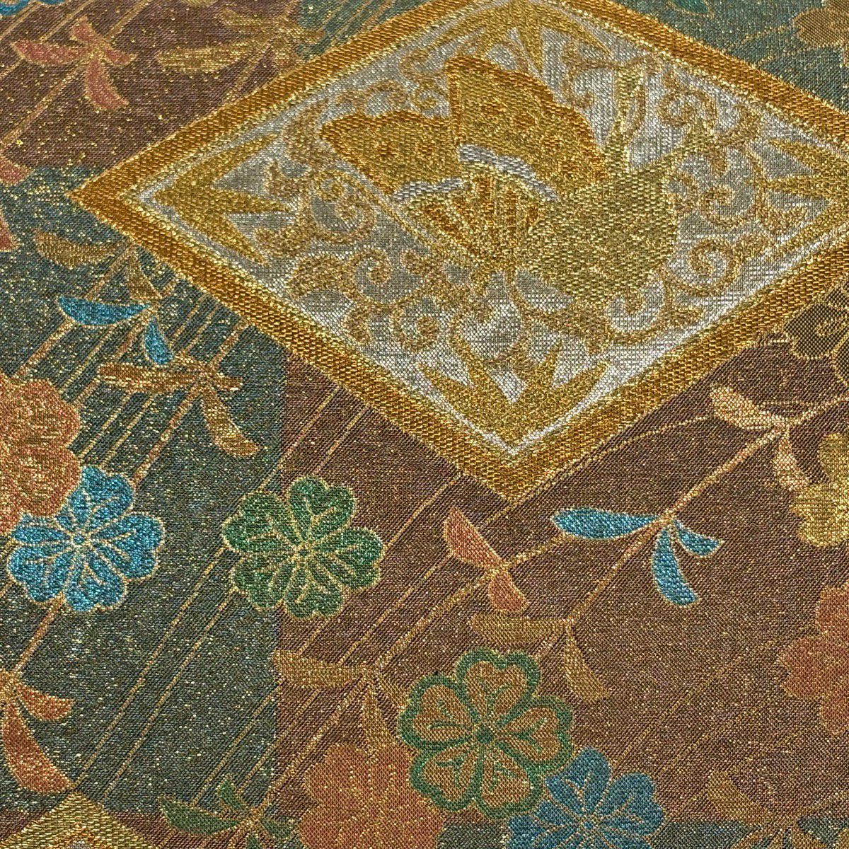 【美品】 袋帶 秀品級 菱紋 櫻花 金絲 金金箔 金色 六通 純蠶絲