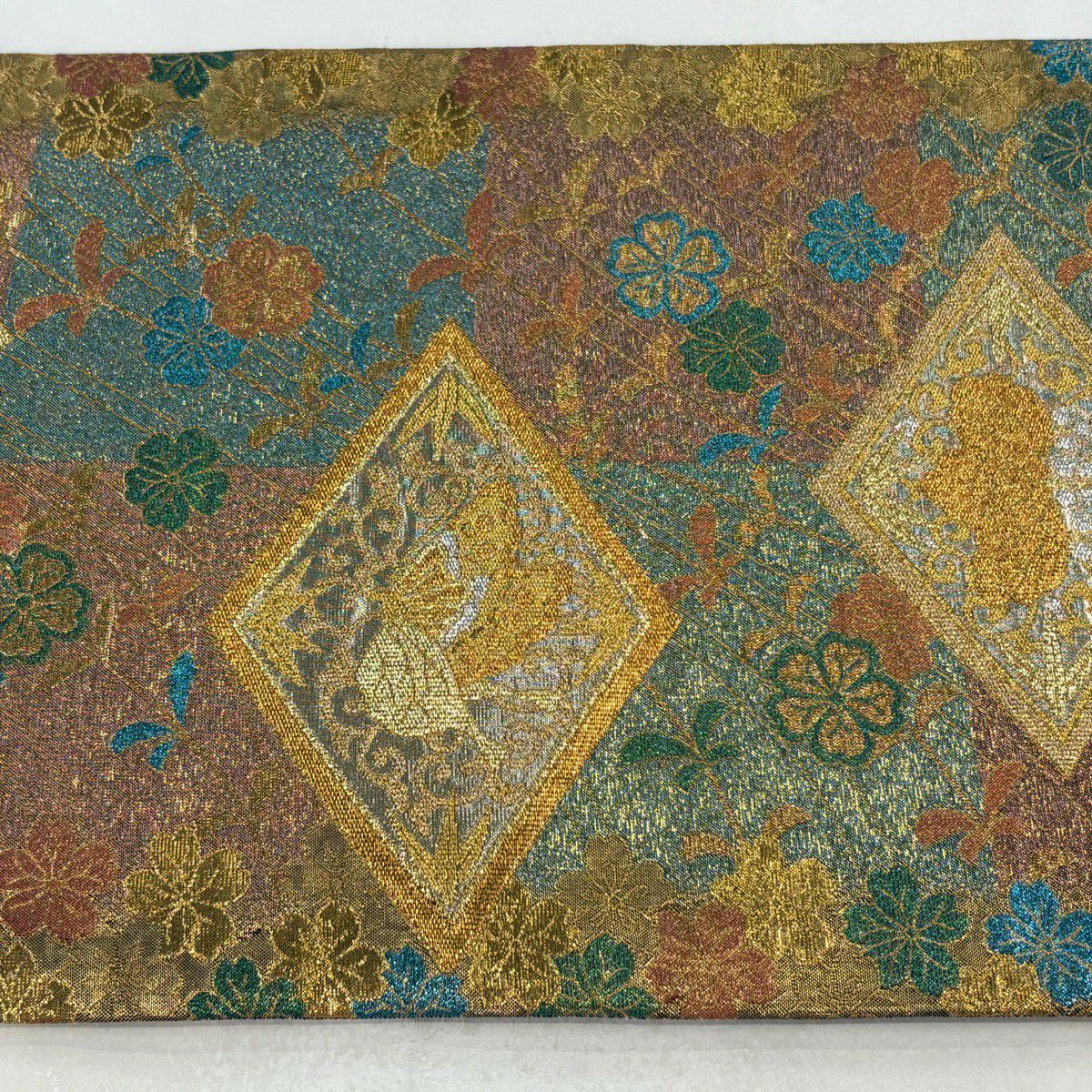 【美品】 袋帶 秀品級 菱紋 櫻花 金絲 金金箔 金色 六通 純蠶絲