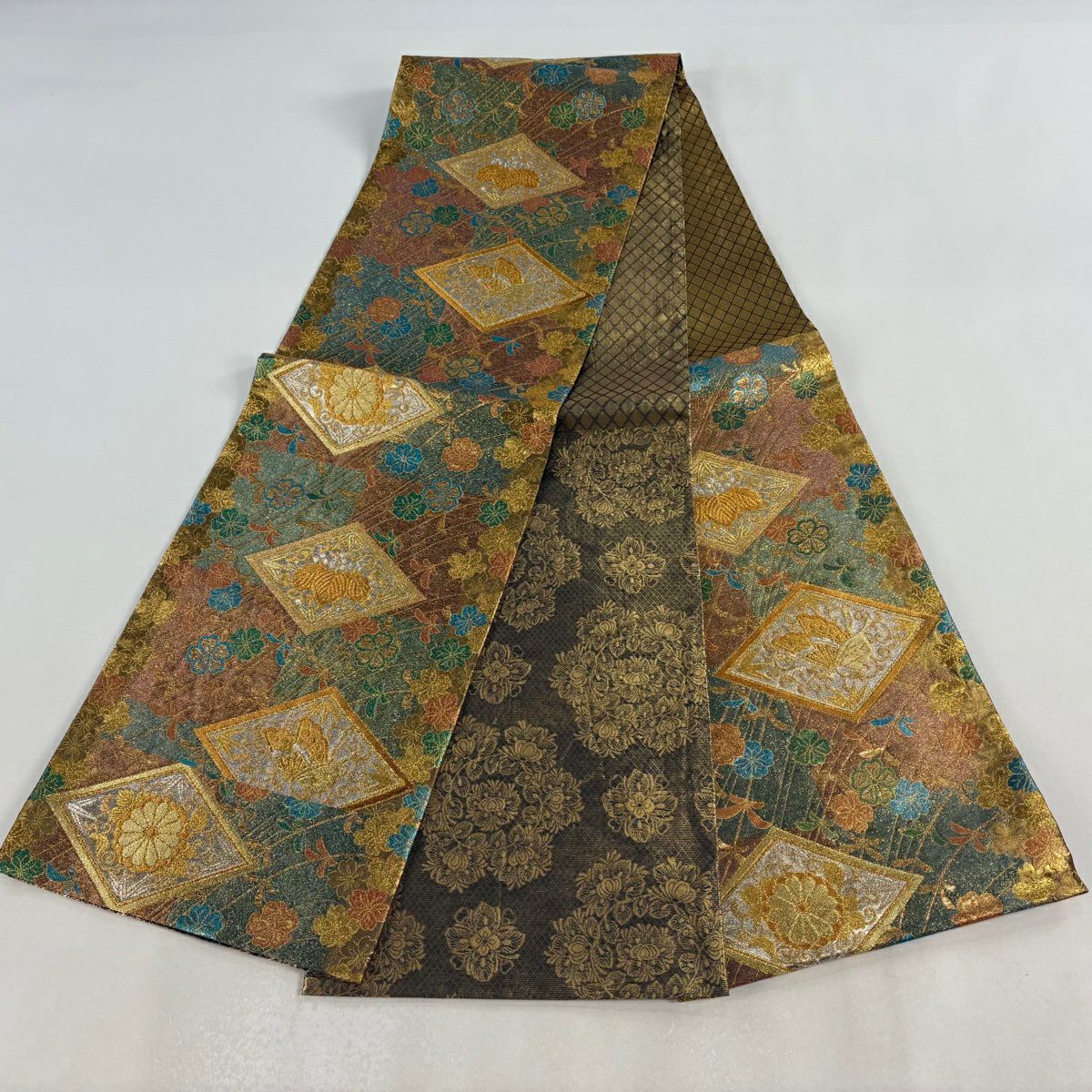【美品】 袋帶 秀品級 菱紋 櫻花 金絲 金金箔 金色 六通 純蠶絲