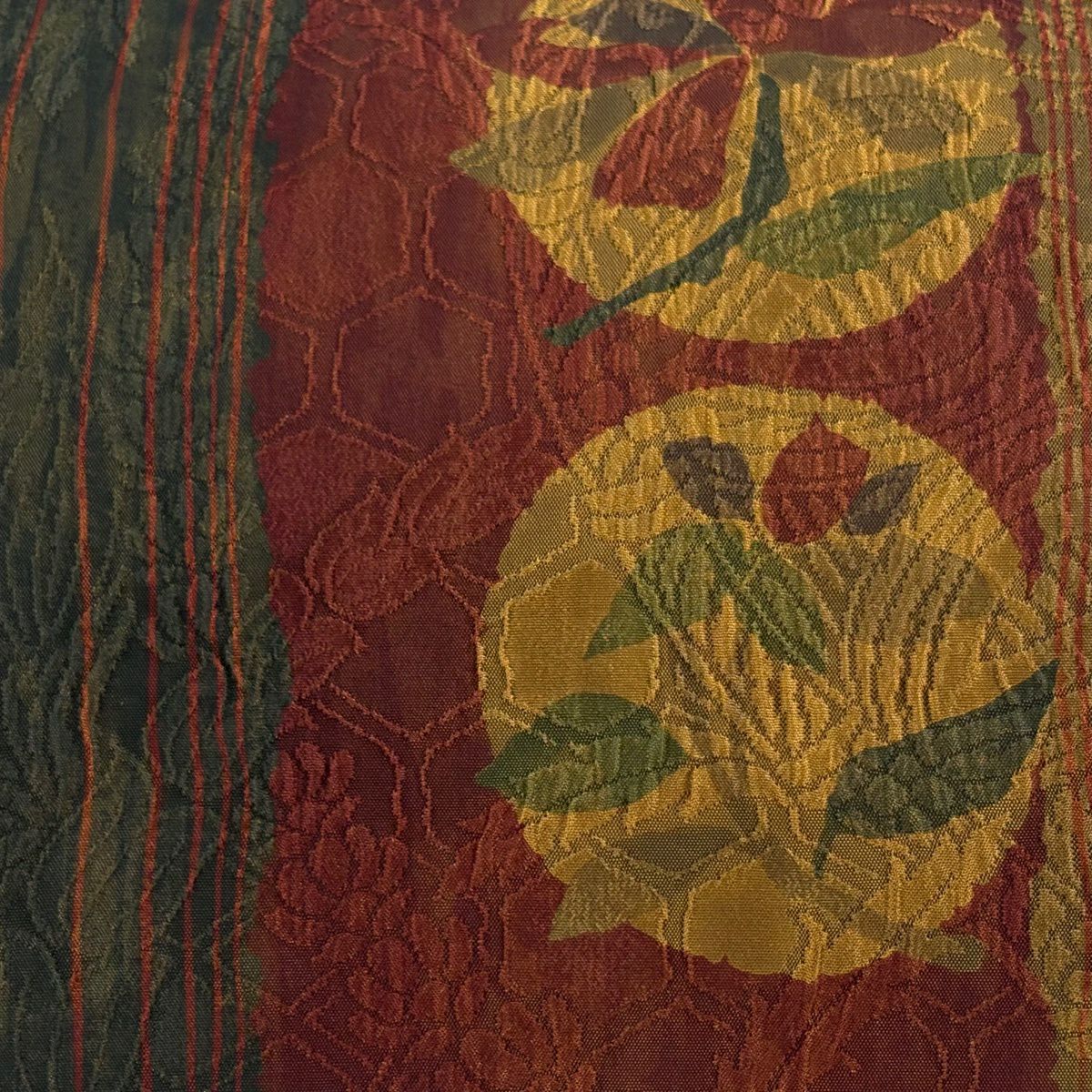 【美品】 袋帶 名古屋帶 秀品級 草花紋紋 縞模樣 ふくれ織 深紅 純蠶絲