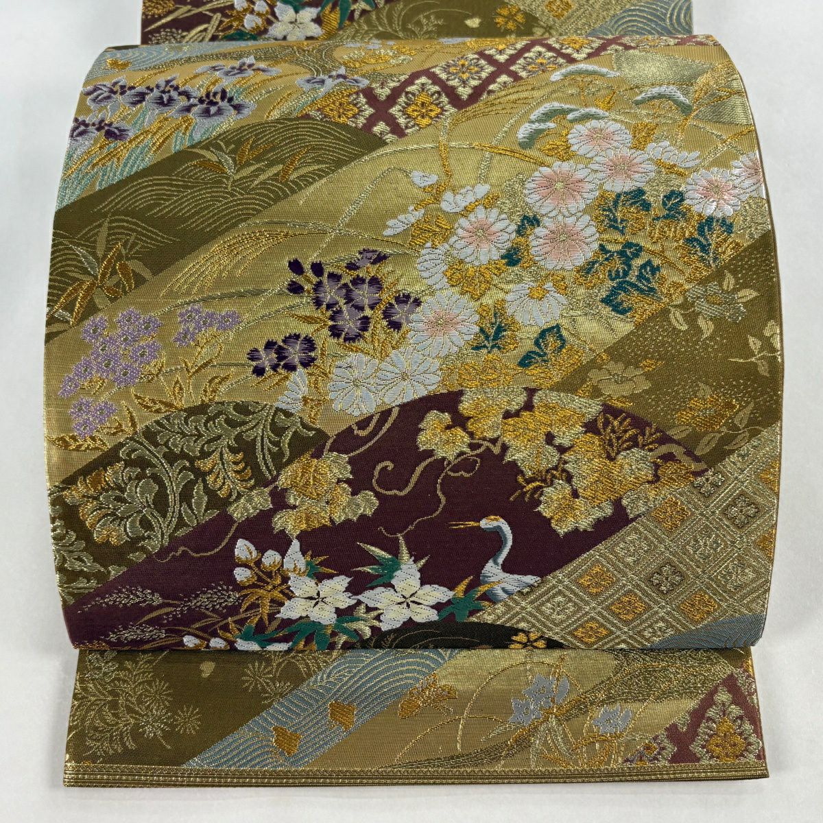 【美品】 袋帶 秀品級 關西仕立 離山菊花仙鶴紋 菱紋 金絲 金金箔 金 六通 純蠶絲