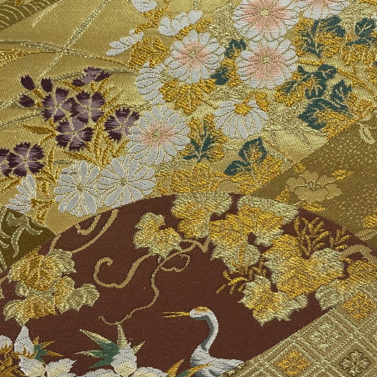 【美品】 袋帶 秀品級 關西仕立 離山菊花仙鶴紋 菱紋 金絲 金金箔 金 六通 純蠶絲