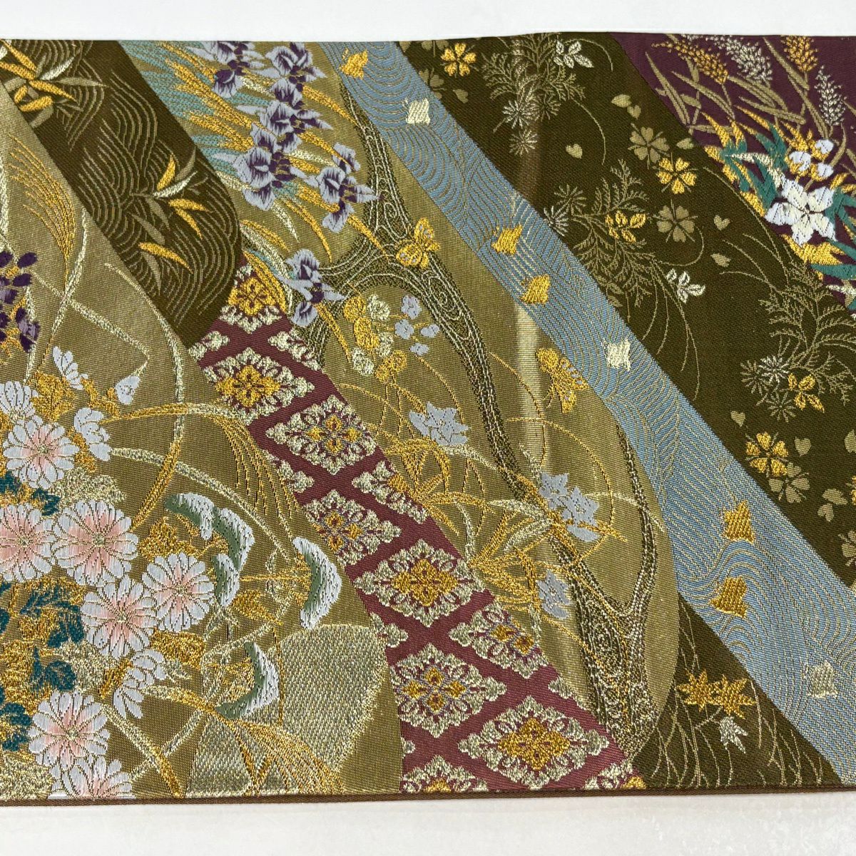 【美品】 袋帶 秀品級 關西仕立 離山菊花仙鶴紋 菱紋 金絲 金金箔 金 六通 純蠶絲
