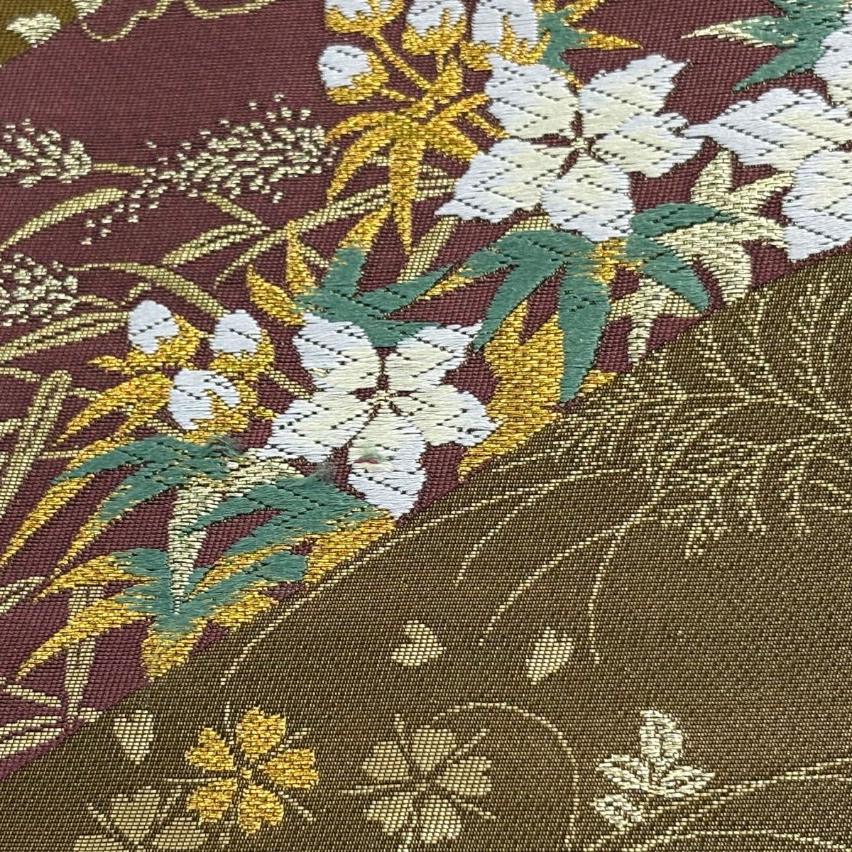 【美品】 袋帶 秀品級 關西仕立 離山菊花仙鶴紋 菱紋 金絲 金金箔 金 六通 純蠶絲