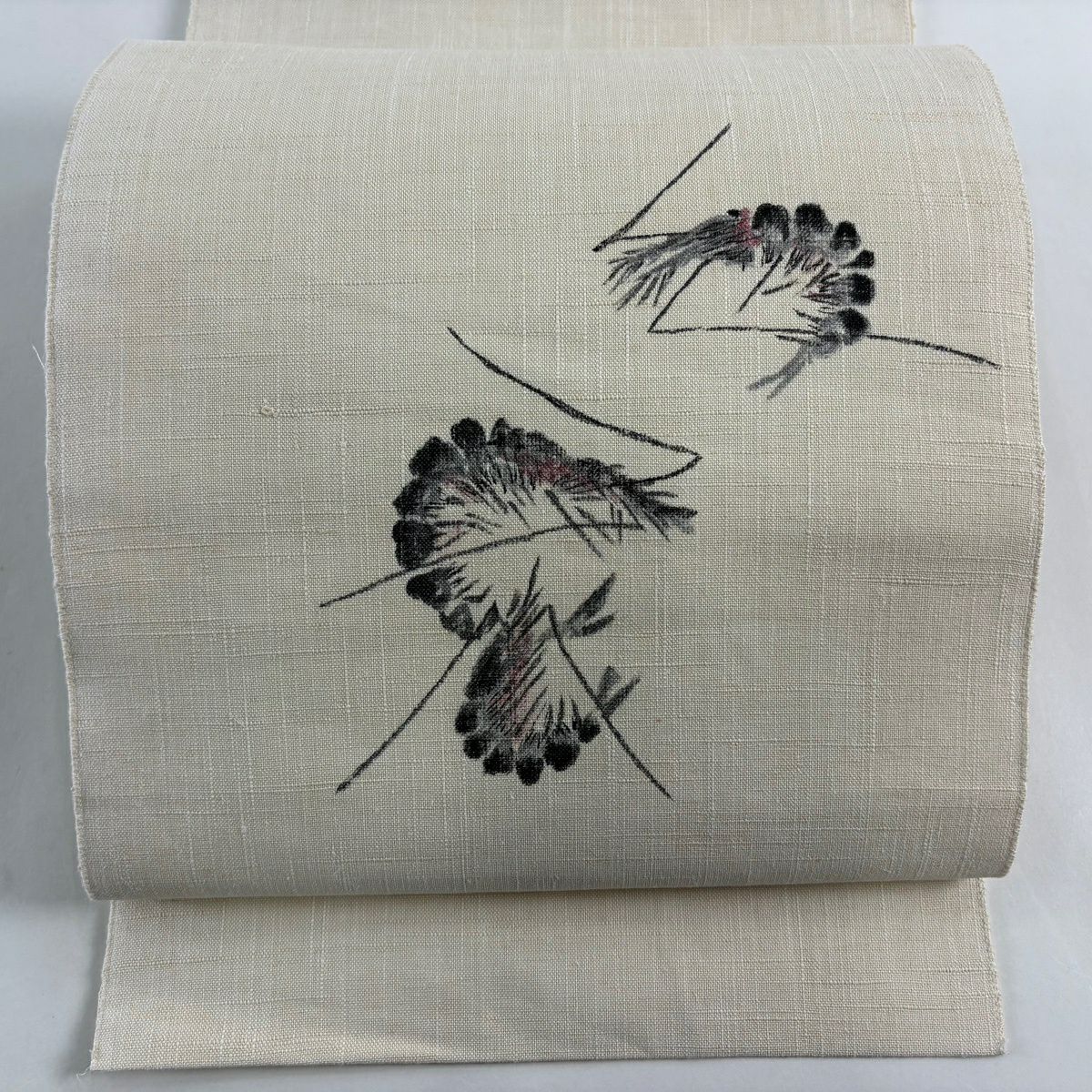 【美品】名古屋帶 秀品級 有落款 紬織織 八寸名古屋帶 松樹葉仕立 紅蝦 奶油色 純蠶絲