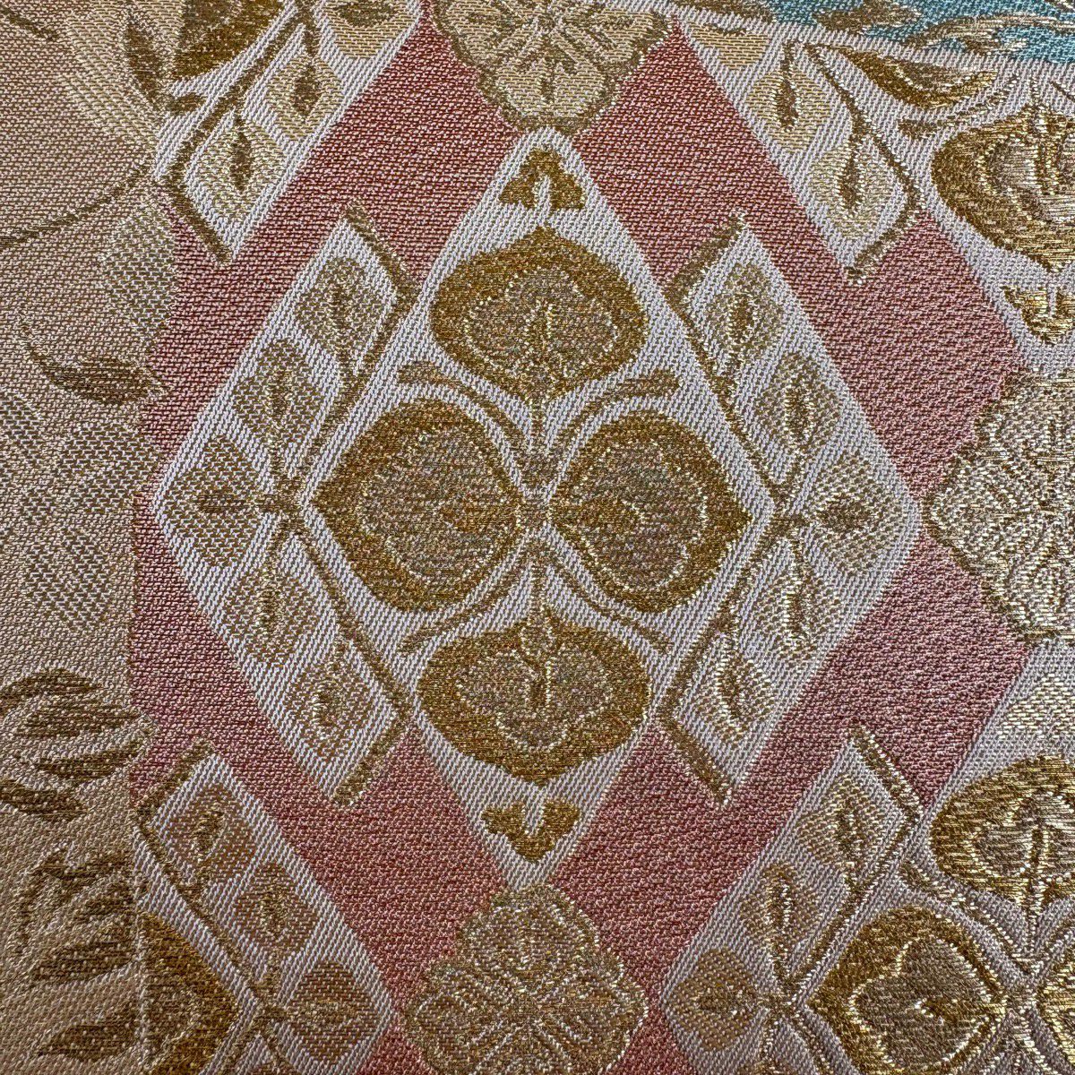 【美品】 袋帶 秀品級 花唐草紋 鳥 金糸 金金箔 米色 六通 純蠶絲