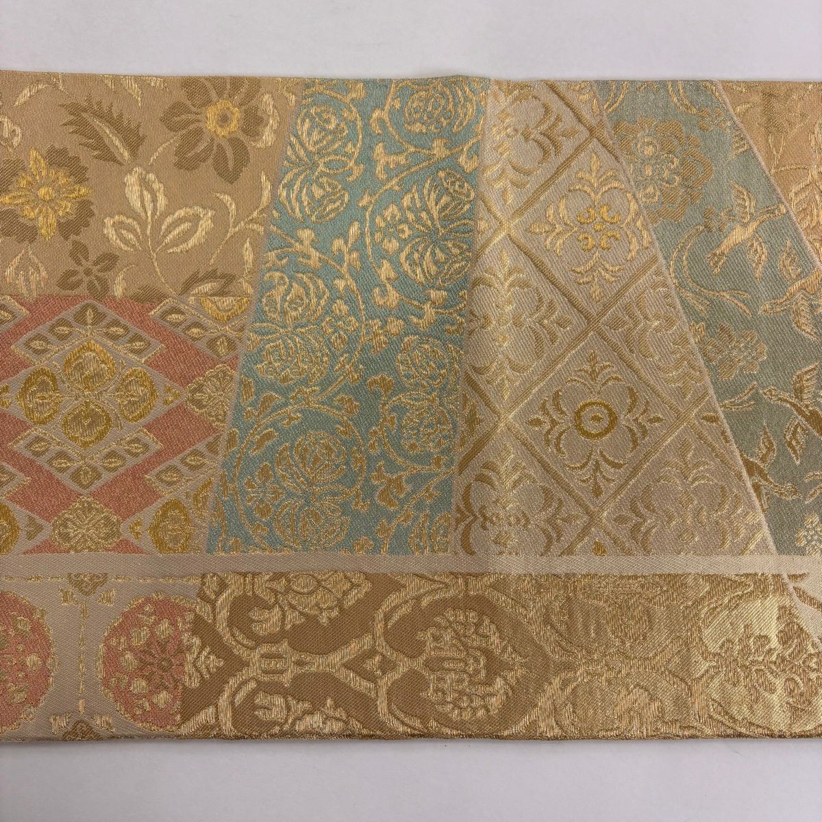 【美品】 袋帶 秀品級 花唐草紋 鳥 金糸 金金箔 米色 六通 純蠶絲