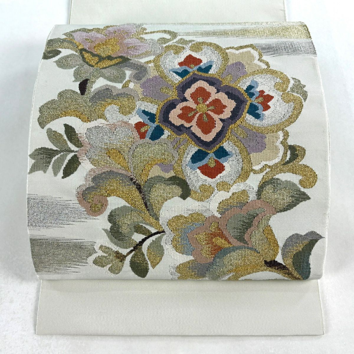 【美品】名古屋帶 秀品級 八寸名古屋帶 草花紋 金銀彩 奶油色 純蠶絲