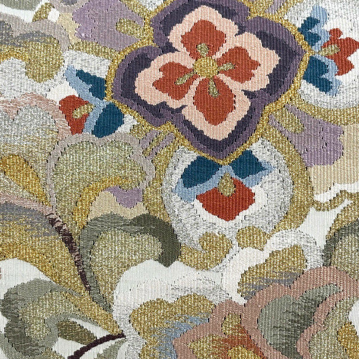 【美品】名古屋帶 秀品級 八寸名古屋帶 草花紋 金銀彩 奶油色 純蠶絲