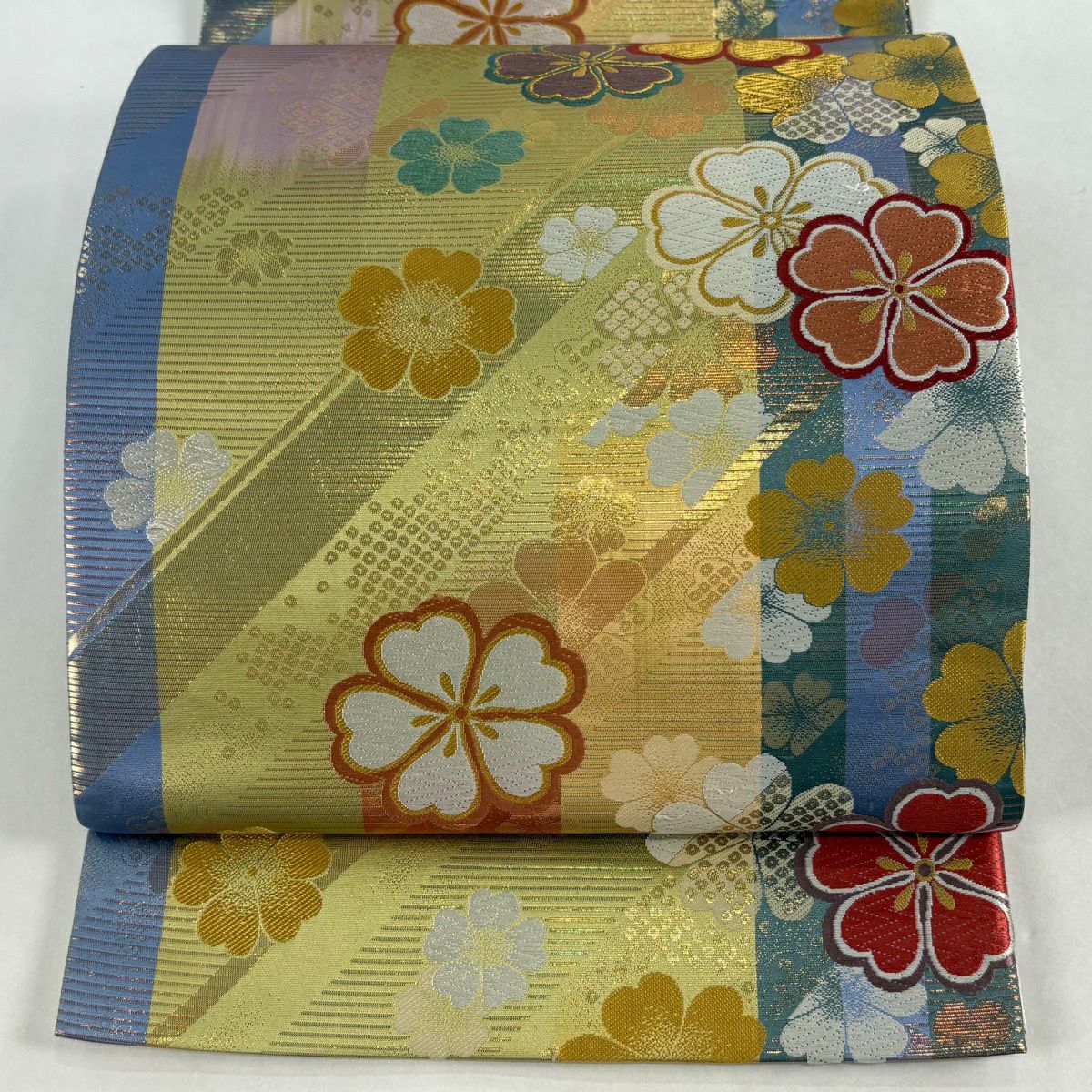 袋帶 秀品級 樱花 唐織 金金箔 抹茶 深綠 全通 純蠶絲