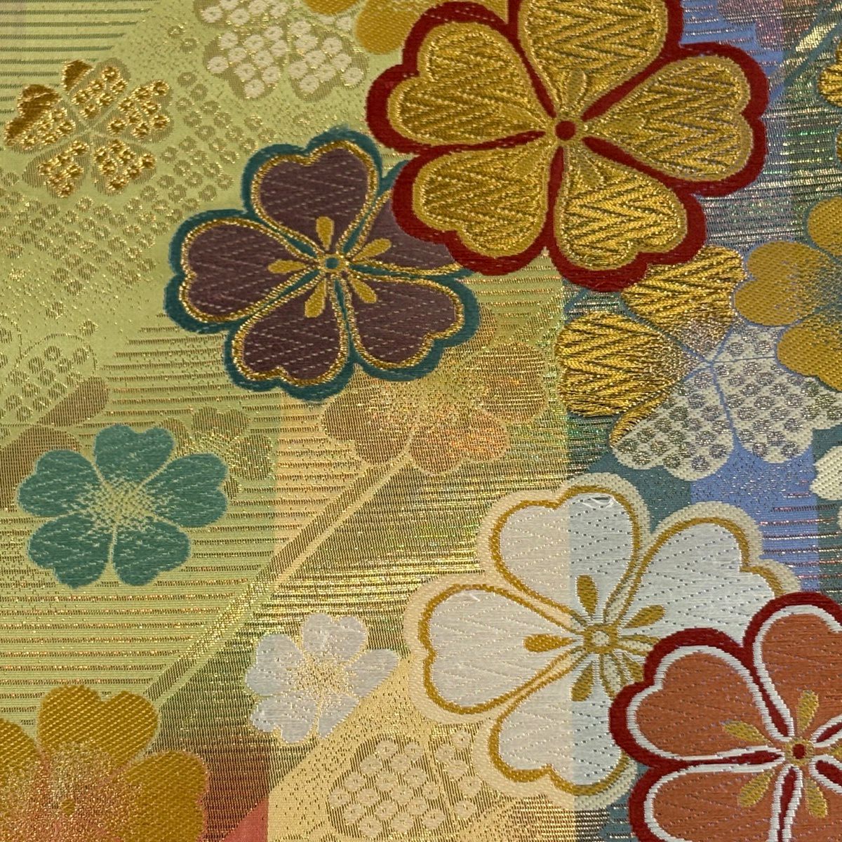 袋帶 秀品級 樱花 唐織 金金箔 抹茶 深綠 全通 純蠶絲
